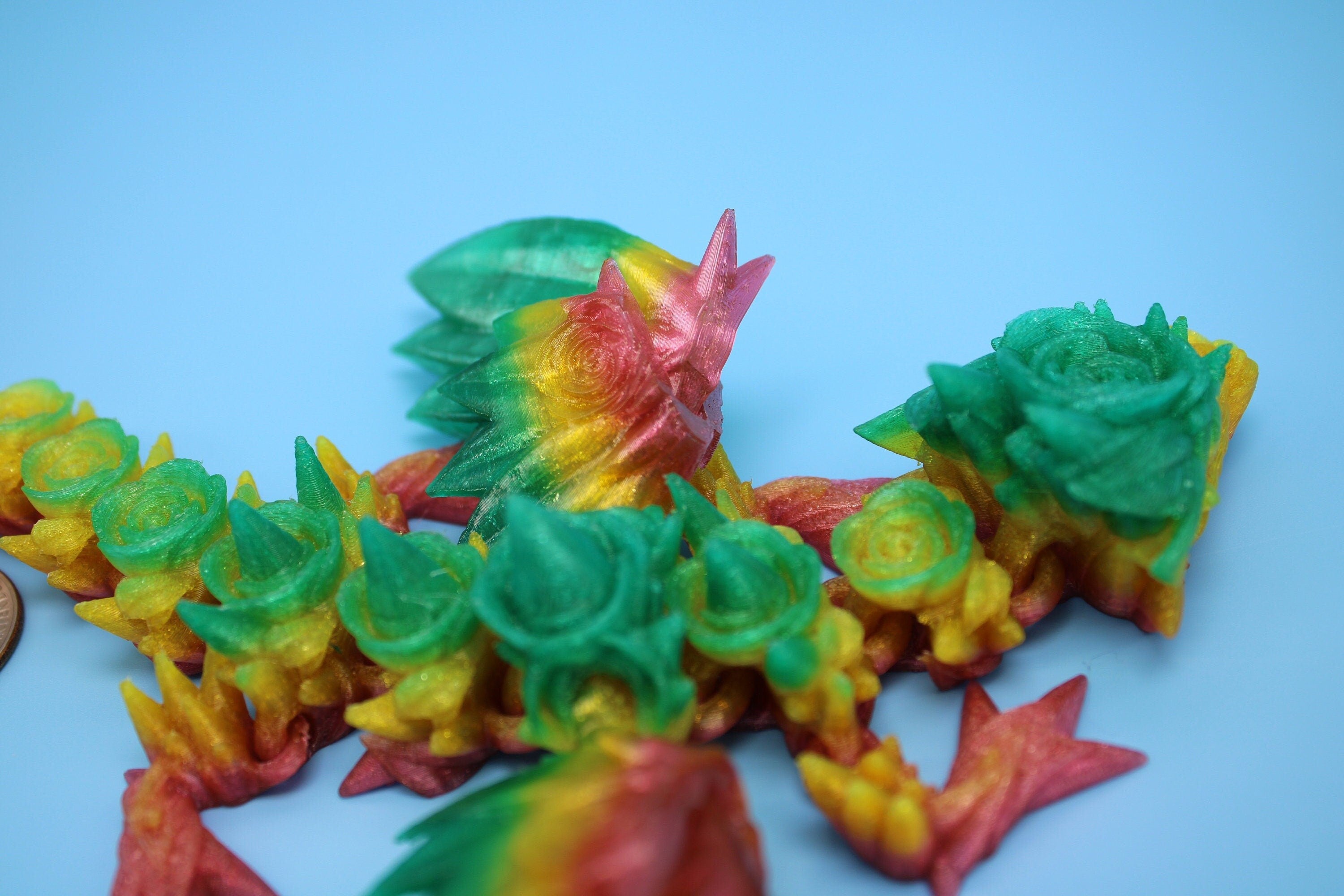Flexible Miniature Baby Rose Wing Dragon | Rainbow | 3D printed articulating Toy Fidget | Flexi Toy 8.5 in. head to tail | Stress Relief.