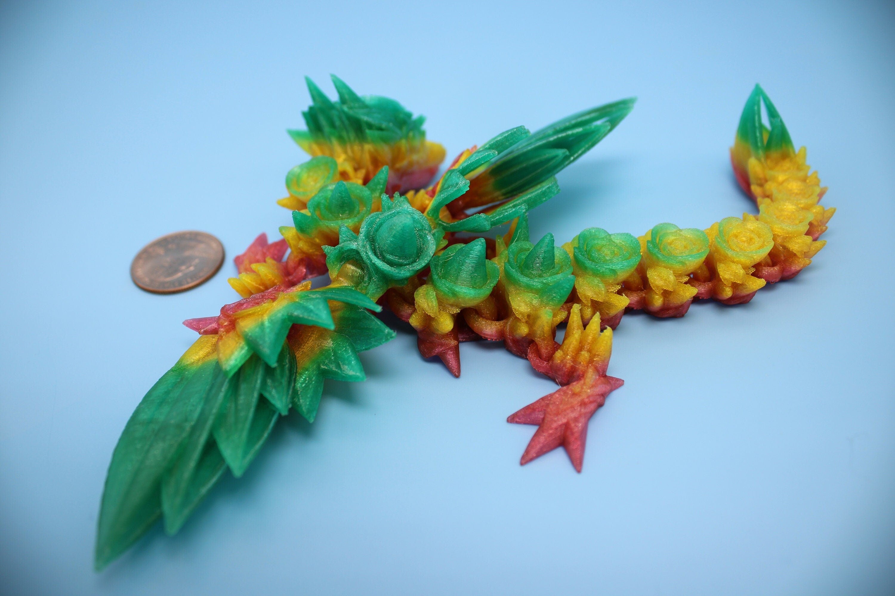 Flexible Miniature Baby Rose Wing Dragon | Rainbow | 3D printed articulating Toy Fidget | Flexi Toy 8.5 in. head to tail | Stress Relief.