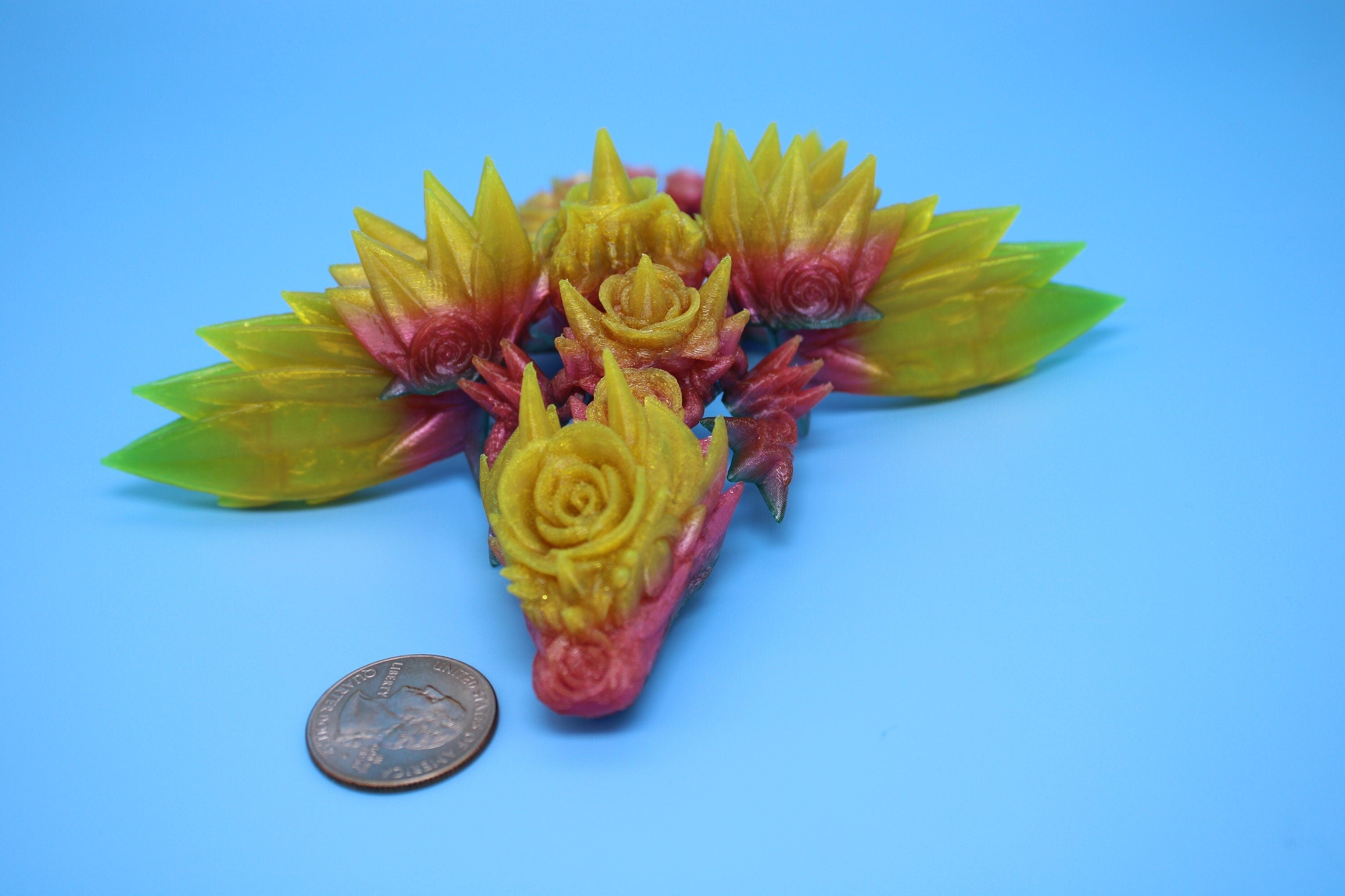 Flexible Miniature Baby Rose Wing Dragon | Rainbow | 3D printed articulating Toy Fidget | Flexi Toy 8.5 in. head to tail | Stress Relief.