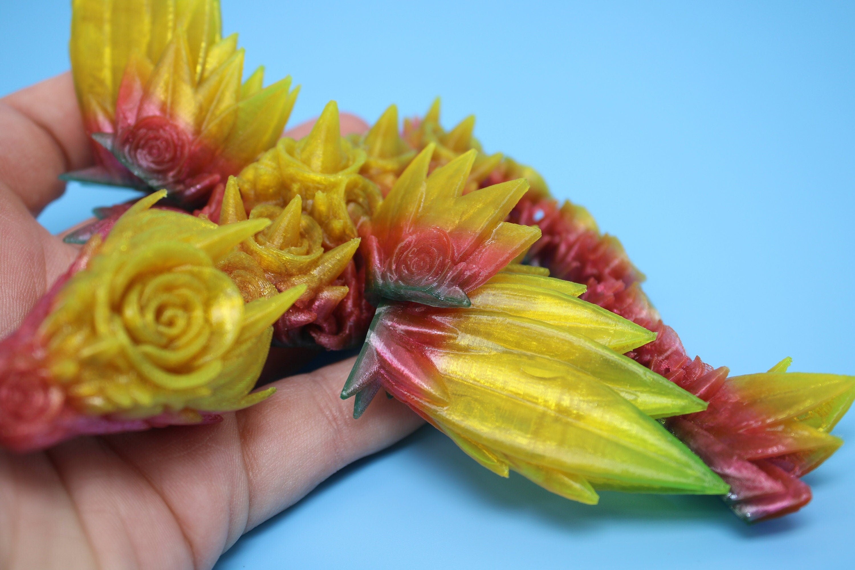 Flexible Miniature Baby Rose Wing Dragon | Rainbow | 3D printed articulating Toy Fidget | Flexi Toy 8.5 in. head to tail | Stress Relief.