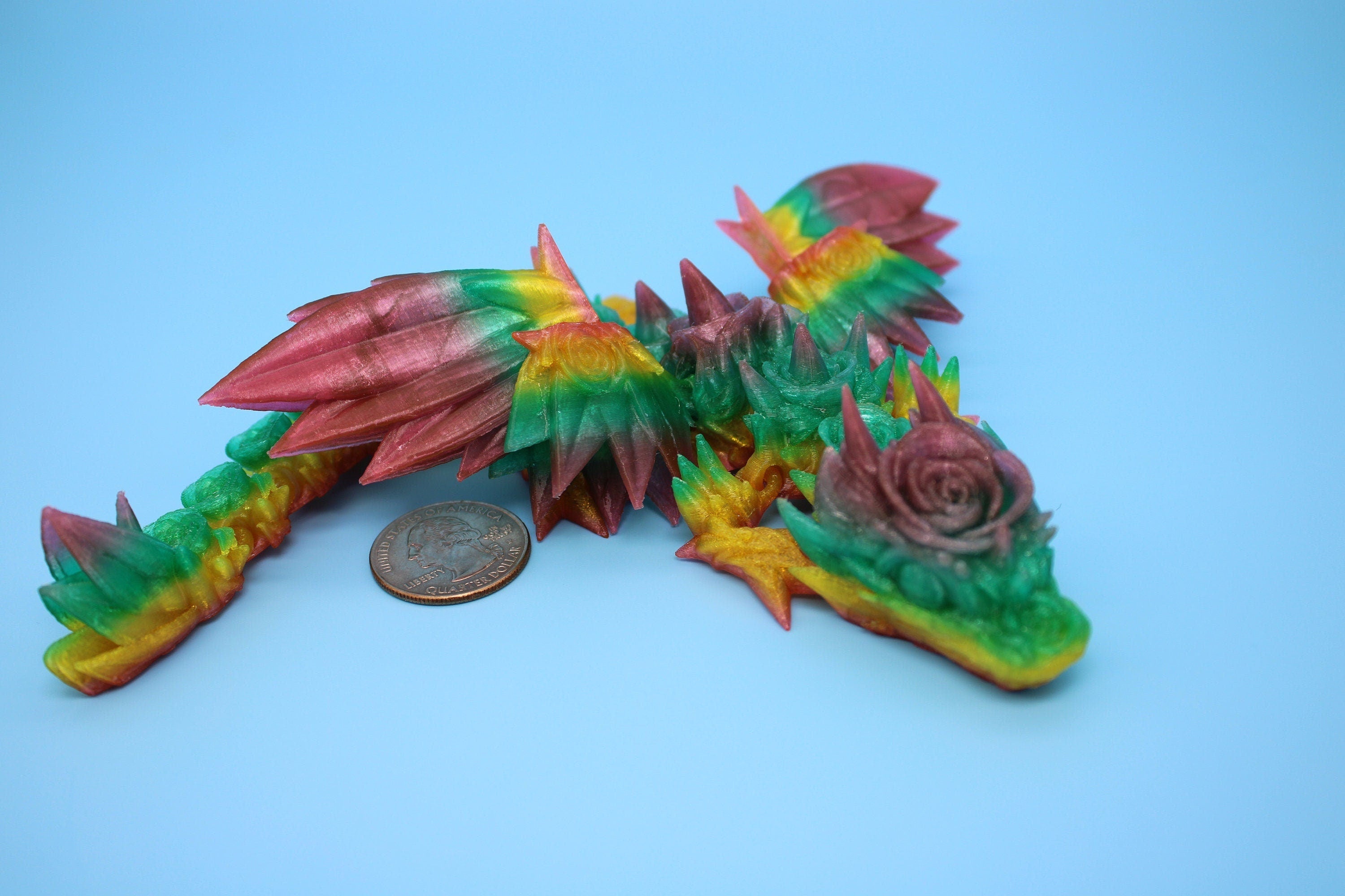 Flexible Miniature Baby Rose Wing Dragon | Rainbow | 3D printed articulating Toy Fidget | Flexi Toy 8.5 in. head to tail | Stress Relief.
