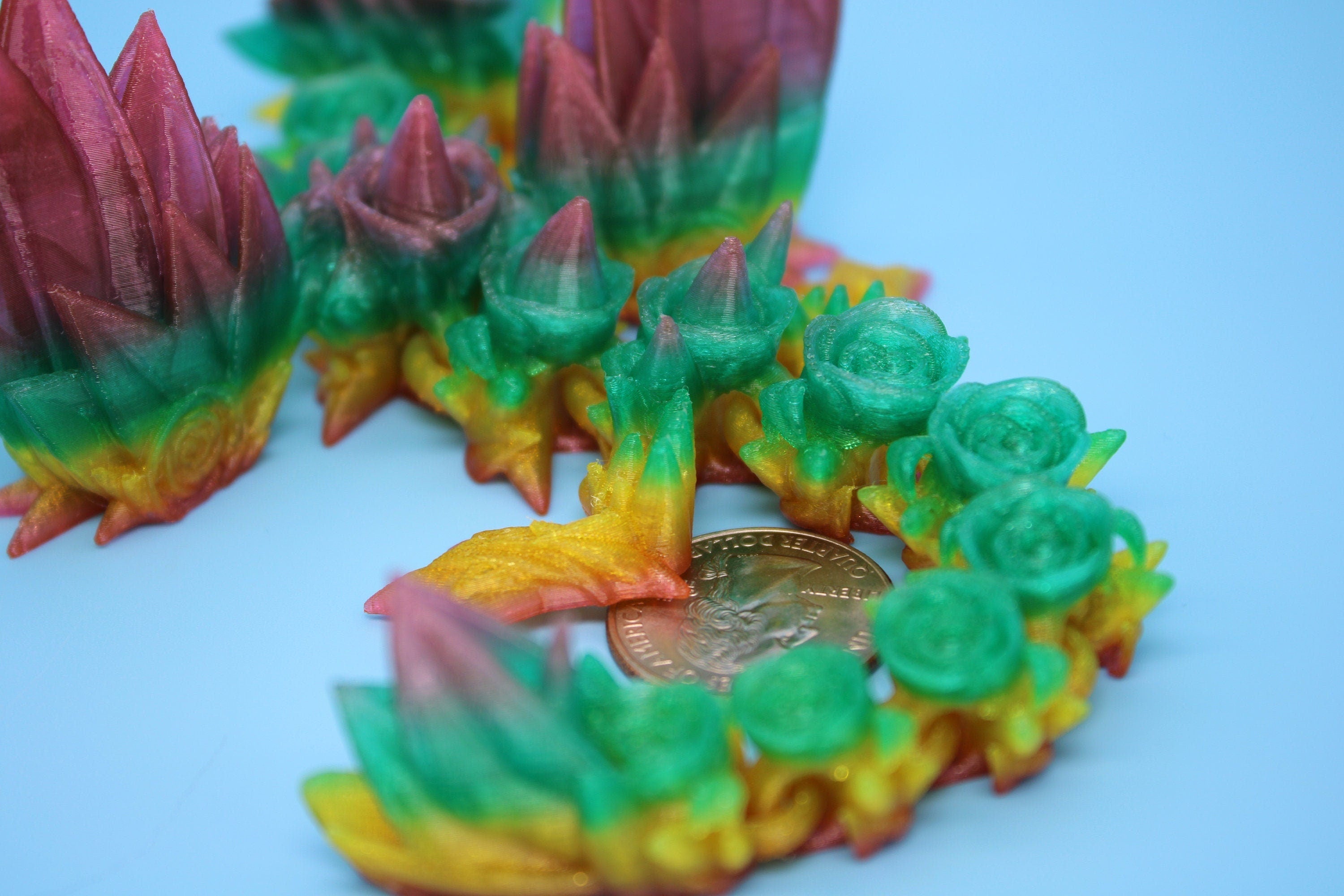 Flexible Miniature Baby Rose Wing Dragon | Rainbow | 3D printed articulating Toy Fidget | Flexi Toy 8.5 in. head to tail | Stress Relief.