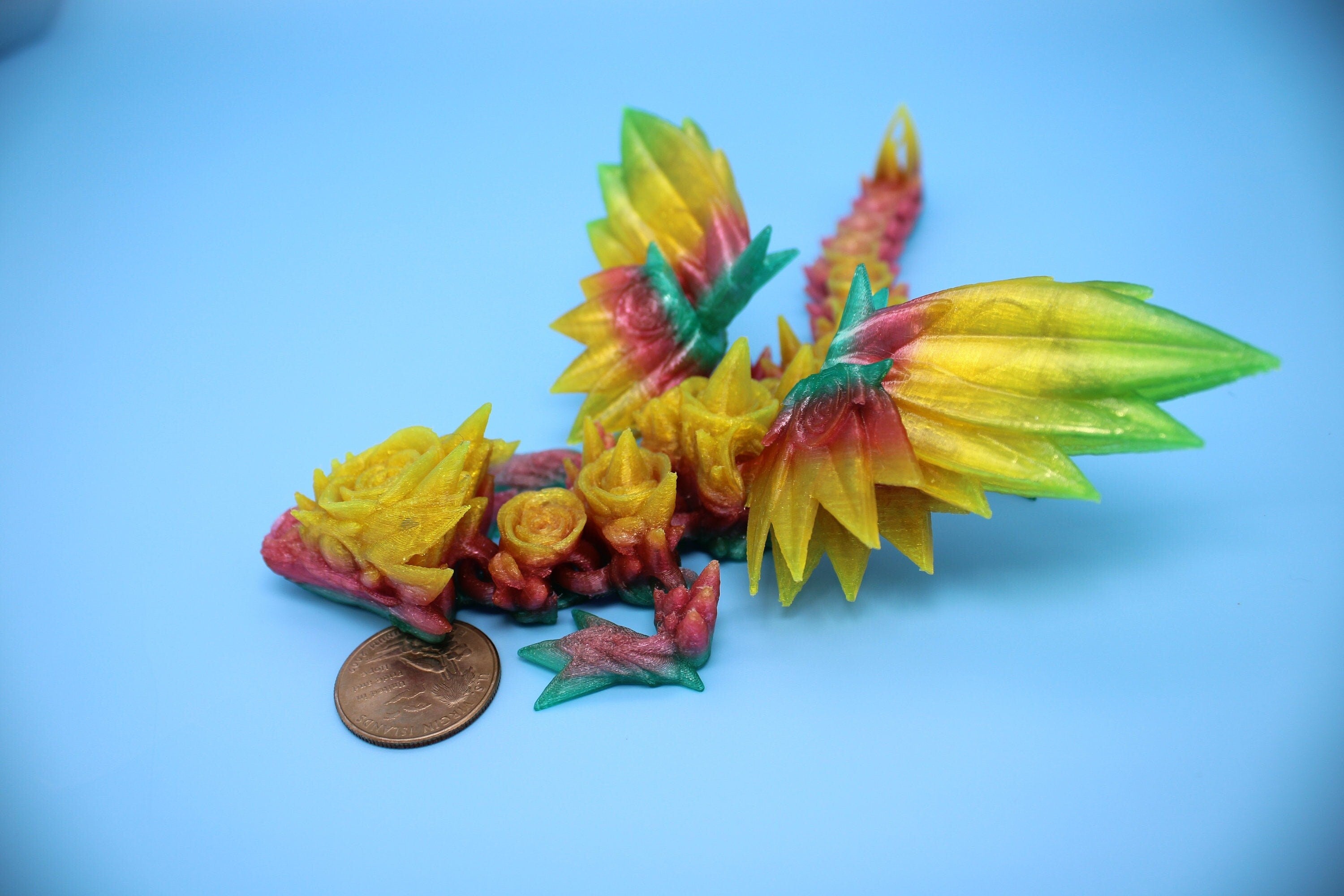 Flexible Miniature Baby Rose Wing Dragon | Rainbow | 3D printed articulating Toy Fidget | Flexi Toy 8.5 in. head to tail | Stress Relief.