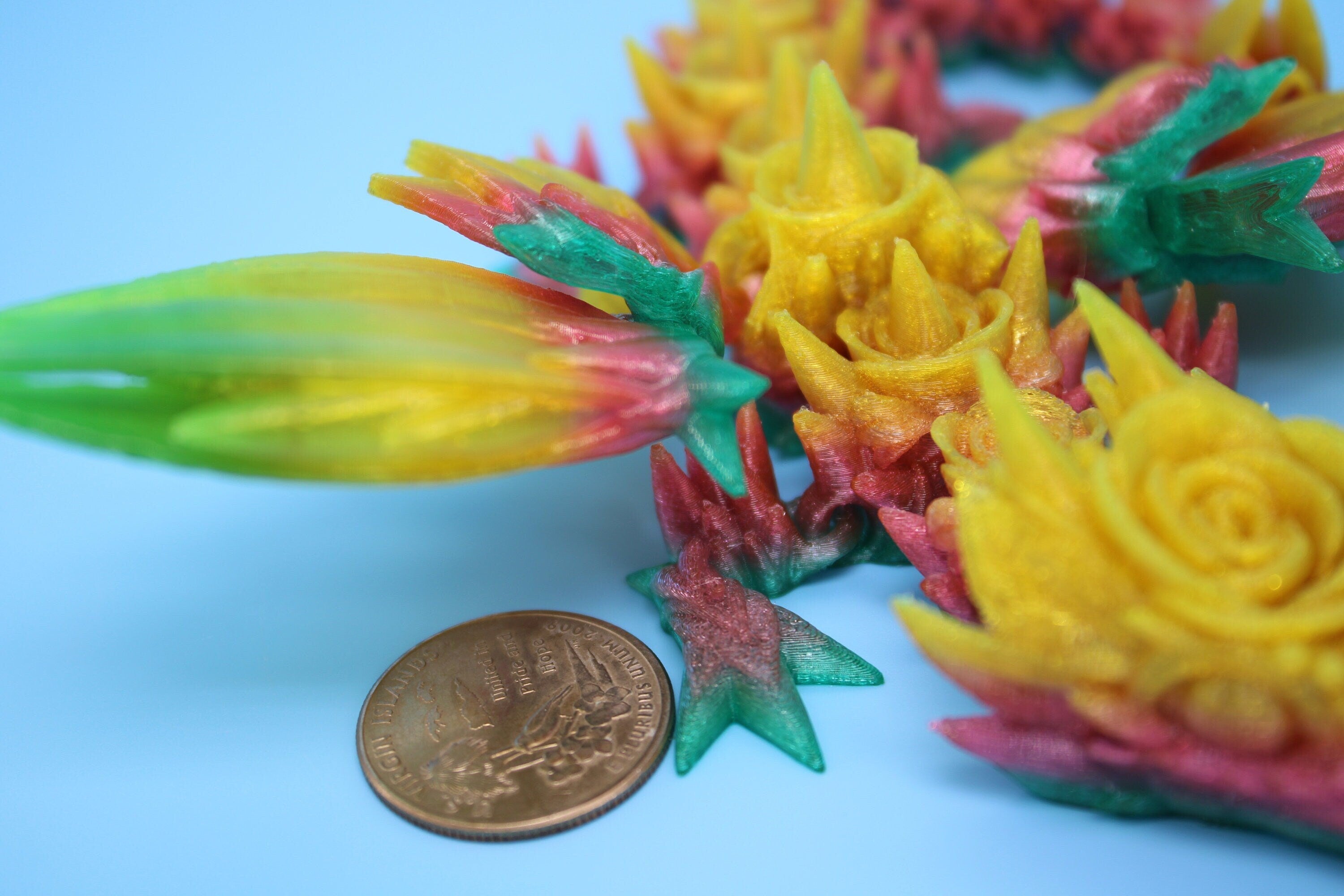 Flexible Miniature Baby Rose Wing Dragon | Rainbow | 3D printed articulating Toy Fidget | Flexi Toy 8.5 in. head to tail | Stress Relief.