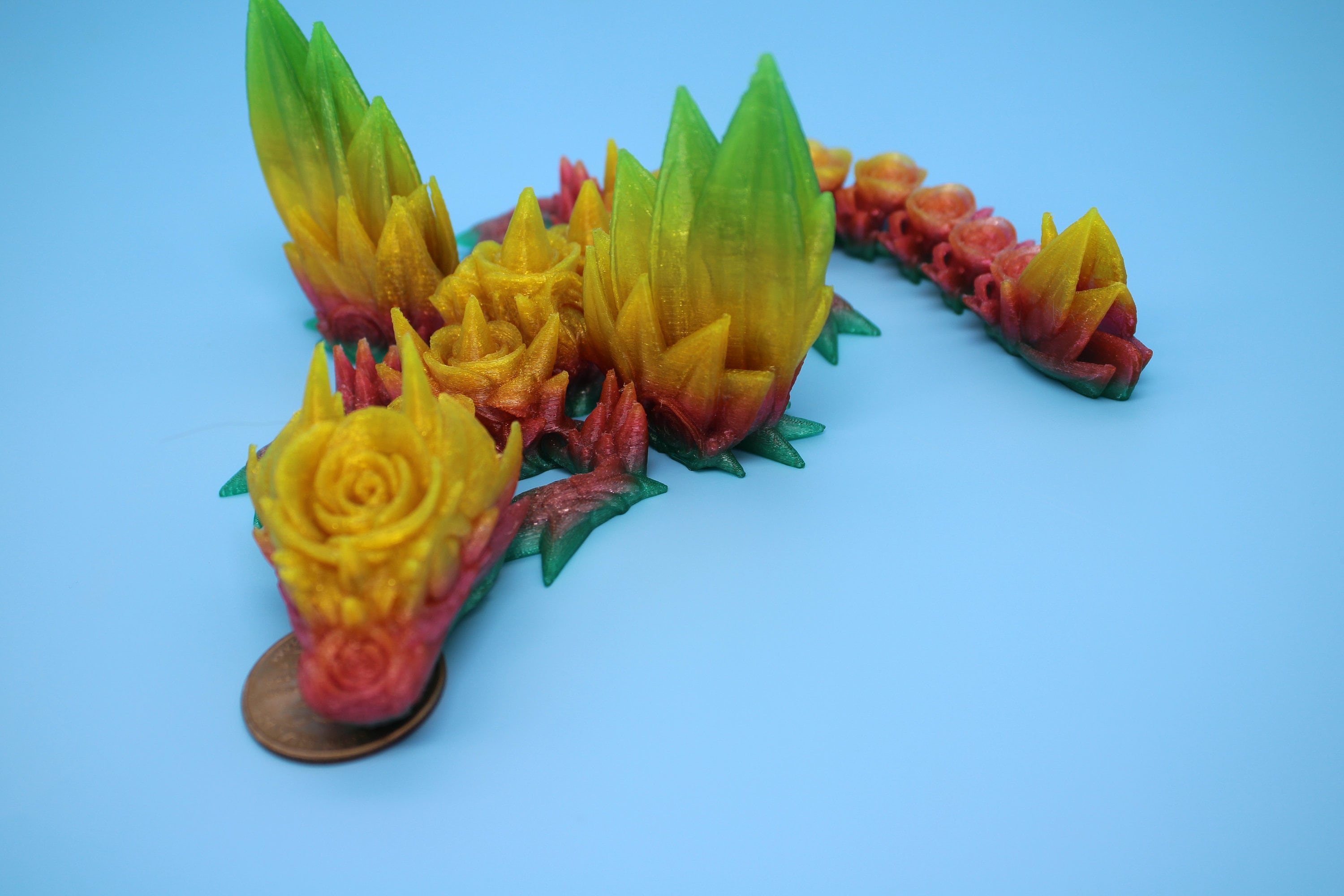 Flexible Miniature Baby Rose Wing Dragon | Rainbow | 3D printed articulating Toy Fidget | Flexi Toy 8.5 in. head to tail | Stress Relief.