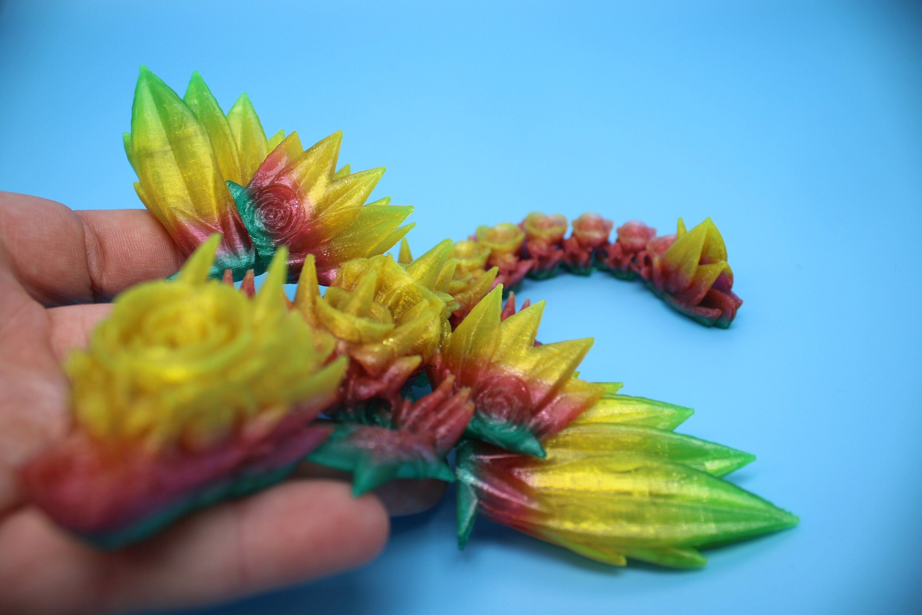 Flexible Miniature Baby Rose Wing Dragon | Rainbow | 3D printed articulating Toy Fidget | Flexi Toy 8.5 in. head to tail | Stress Relief.