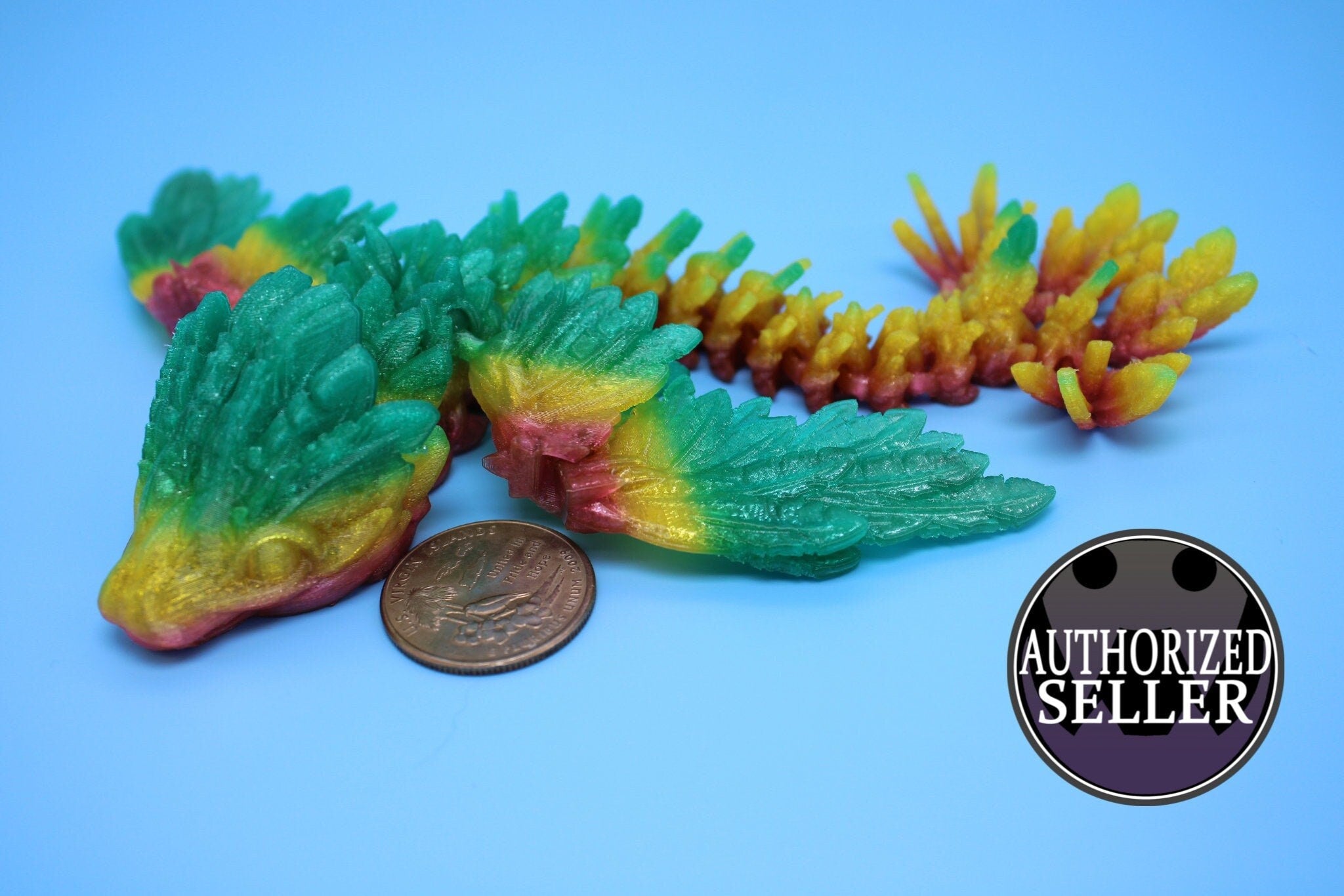Flexible Miniature Baby Flying Serpent Dragon Rainbow 3D printed articulating Toy Fidget Flexi Toy 7 in. head to tail Stress Relief Gift
