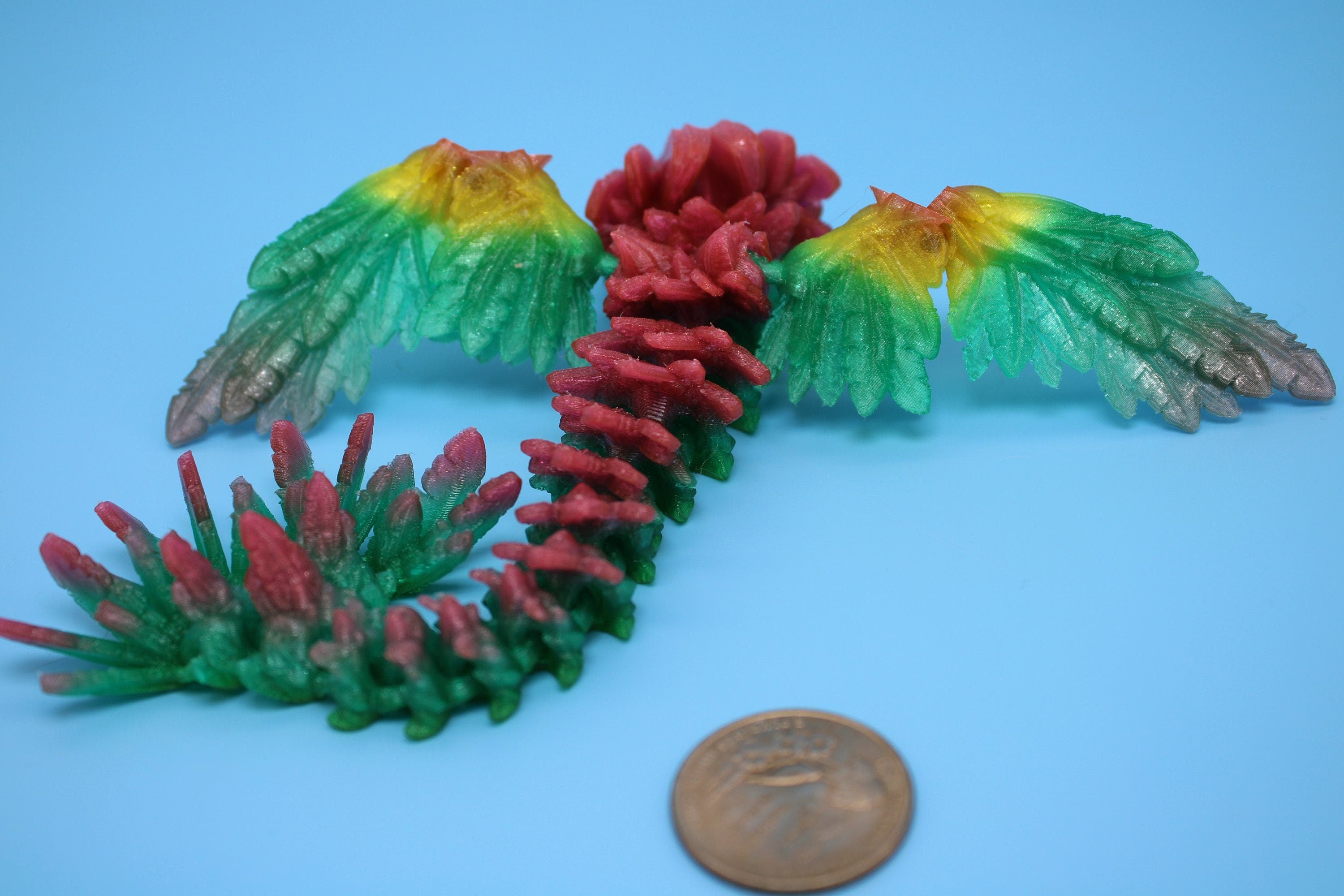 Flexible Miniature Baby Flying Serpent Dragon Rainbow 3D printed articulating Toy Fidget Flexi Toy 7 in. head to tail Stress Relief Gift