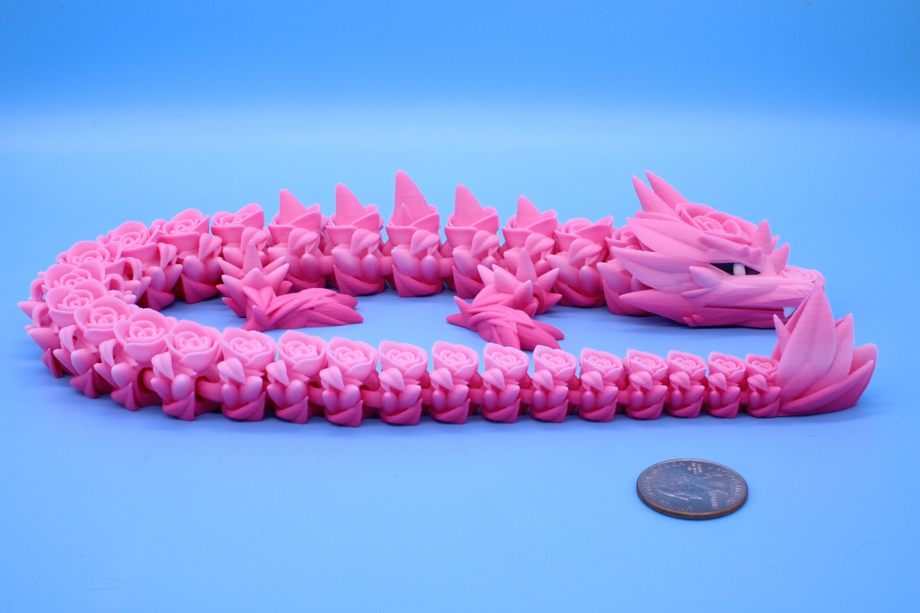 Pink Rose Articulating Dragon | 3D Printed Fidget, Flexi Toy, Adult Fidget Toy, Sensory Toy Dragon, 3d Printed Desk Toys. 21 in. Valentines