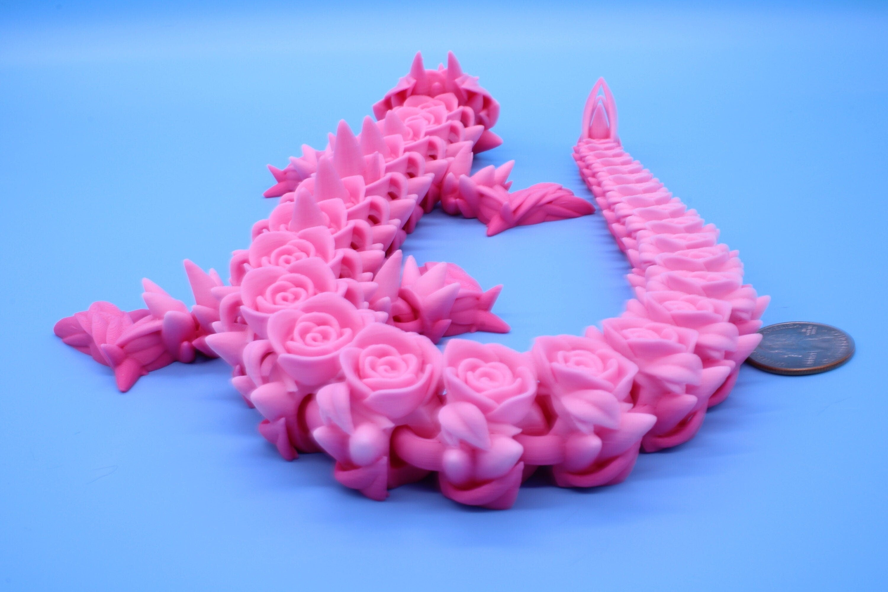 Pink Rose Articulating Dragon | 3D Printed Fidget, Flexi Toy, Adult Fidget Toy, Sensory Toy Dragon, 3d Printed Desk Toys. 21 in. Valentines