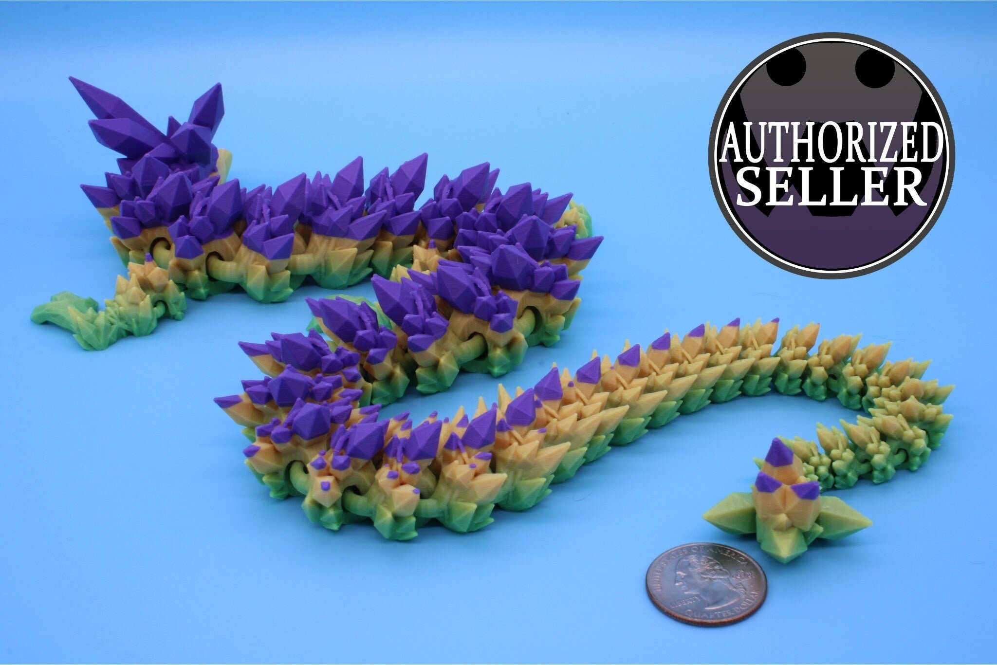 Purple, Yellow, Green Crystal Dragon | 3D Printed Articulating Dragon | Flexi Toy | Adult Fidget Toy | Dragon Buddy ready for you! 24 inch.