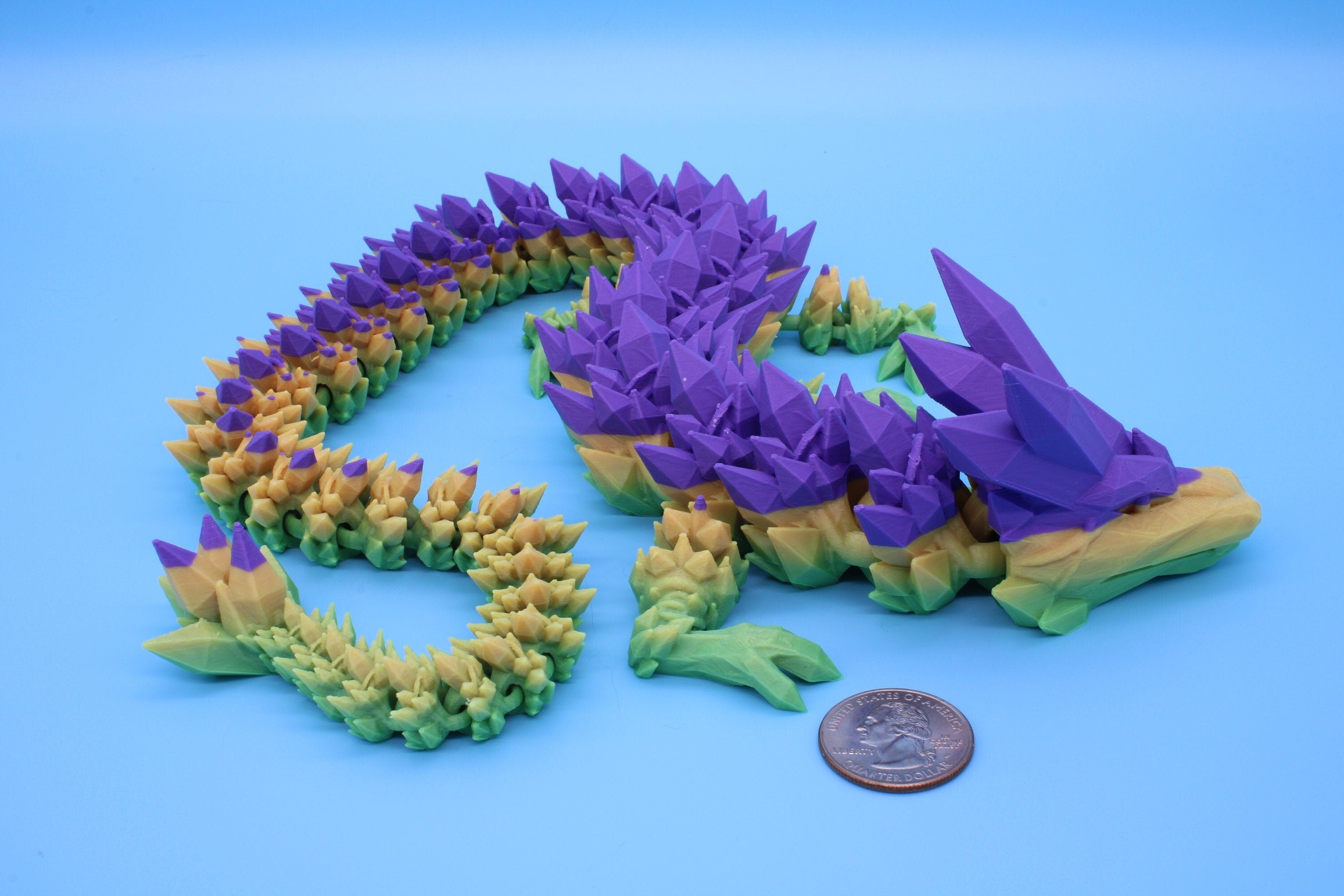 Purple, Yellow, Green Crystal Dragon | 3D Printed Articulating Dragon | Flexi Toy | Adult Fidget Toy | Dragon Buddy ready for you! 24 inch.