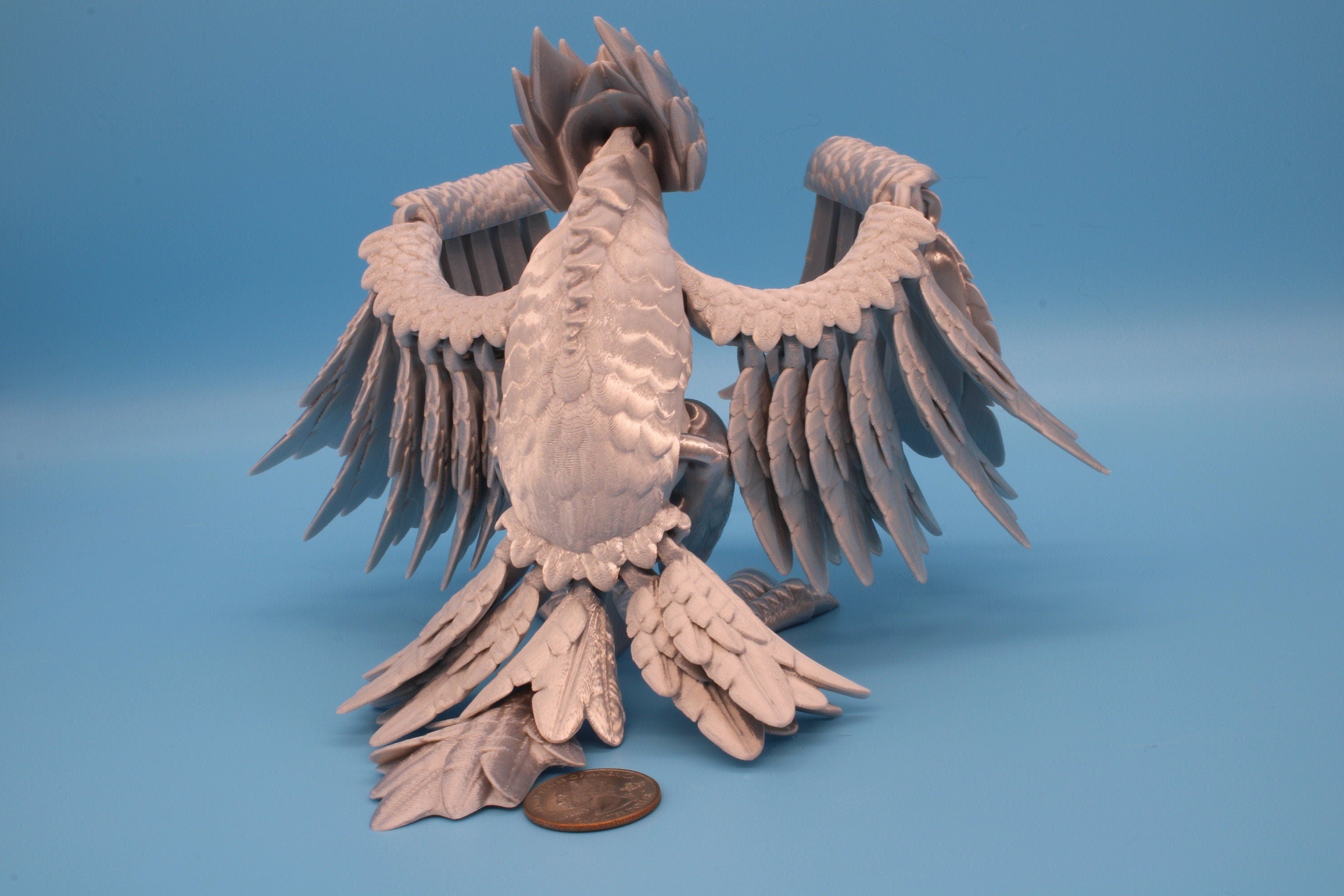 XL Phoenix Silver color | Cute Flexi | Unique 3D printed. | Great Articulating fidget toy, desk, sensory toy | 5.5 inch tall | 10 in wing.