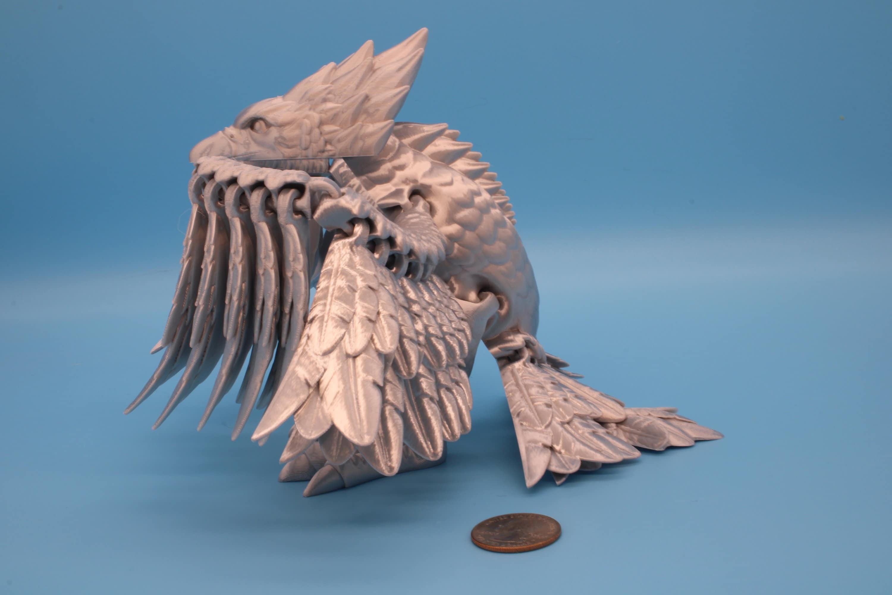 XL Phoenix Silver color | Cute Flexi | Unique 3D printed. | Great Articulating fidget toy, desk, sensory toy | 5.5 inch tall | 10 in wing.