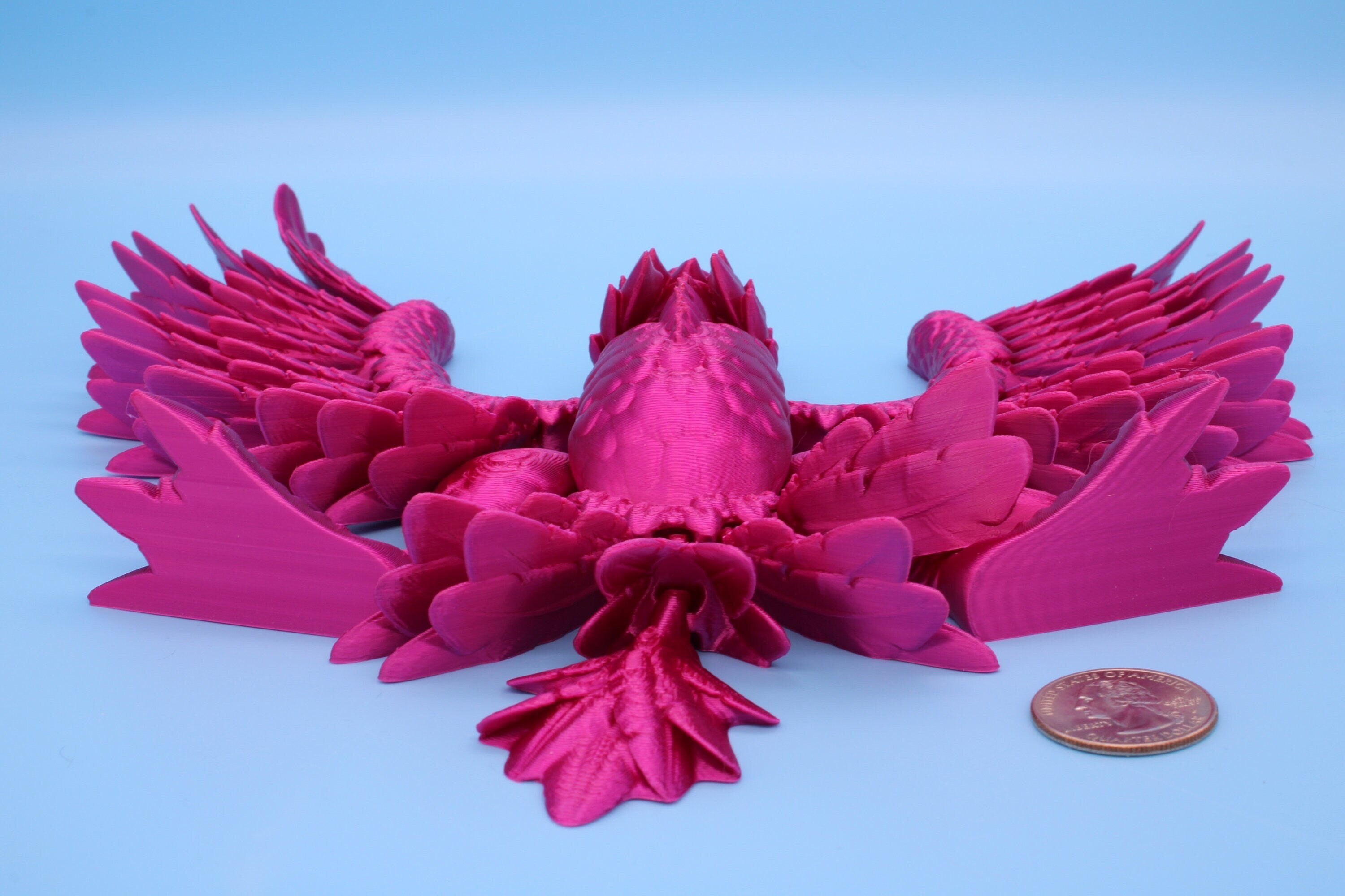 XL Phoenix Pink | Cute Flexi | Unique 3D printed. | Great Articulating fidget toy, desk, sensory toy | 5.5 inch tall | 10 in wing span.