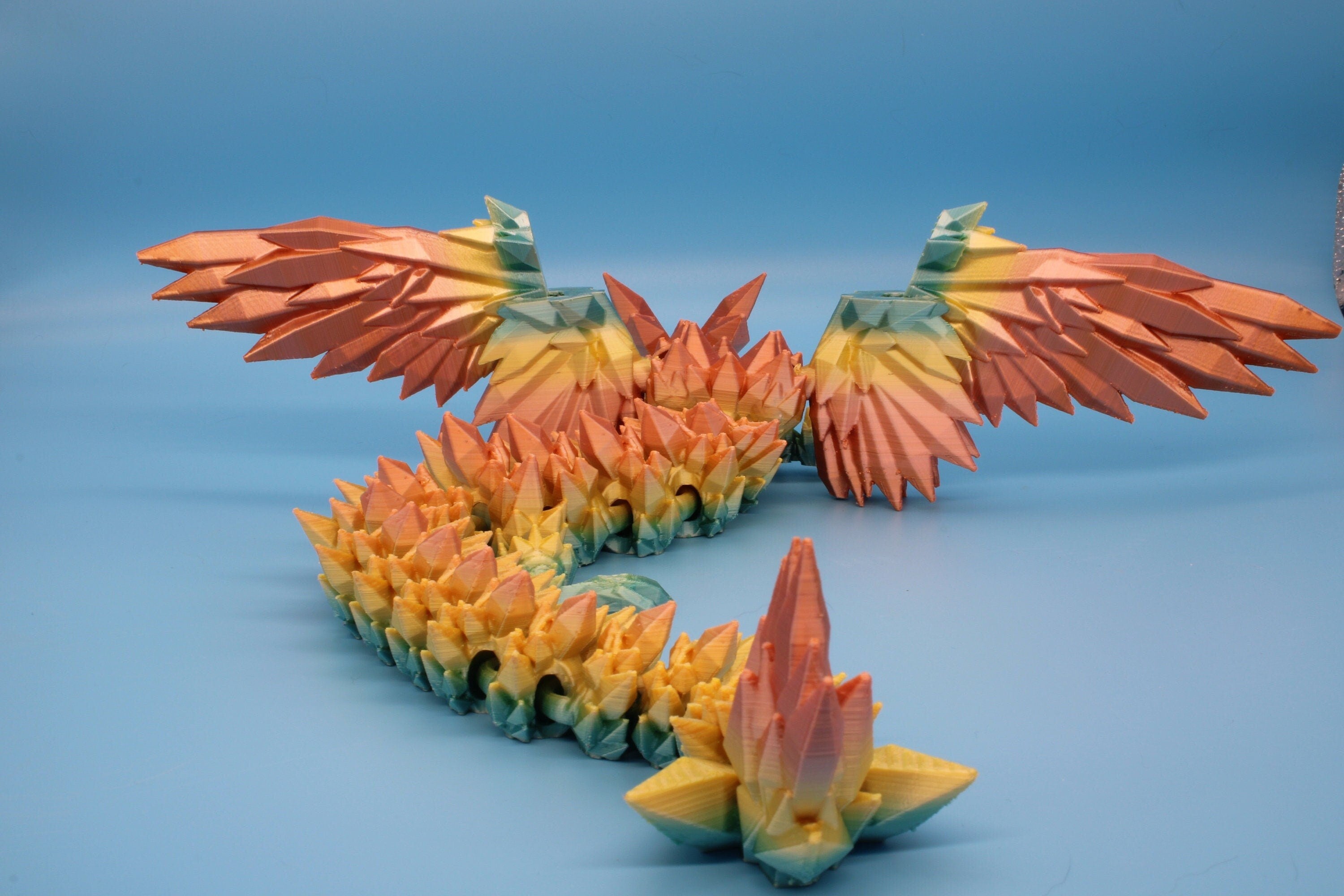 Rainbow Crystal Winged Dragon. Crystal Wing Dragon 3D printed articulating dragon. flexi Toy, 18 in. Stress Relief, Gift.