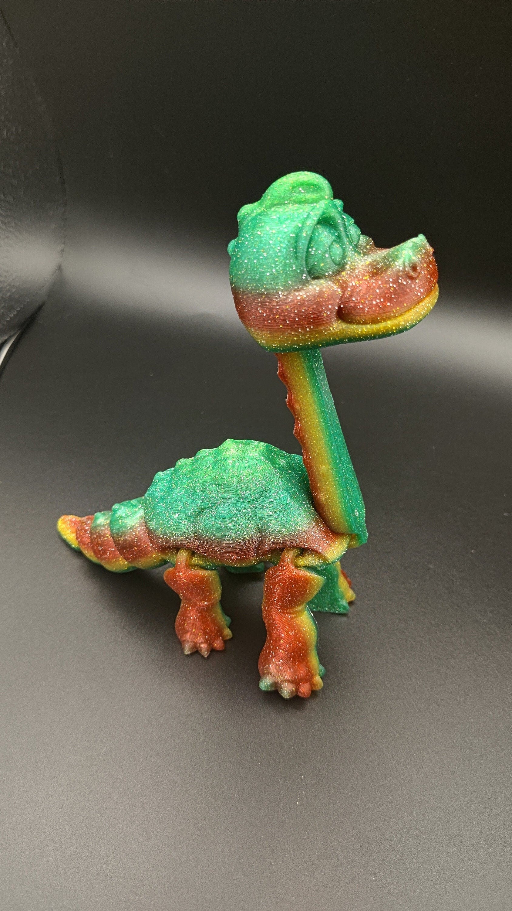 Rainbow Sparkle Brachiosaurus. Cute Flexi Articulating Dinosaur. 3D printed unique dino. Great fidget toy, buddy, desk art / toy. 9 in.