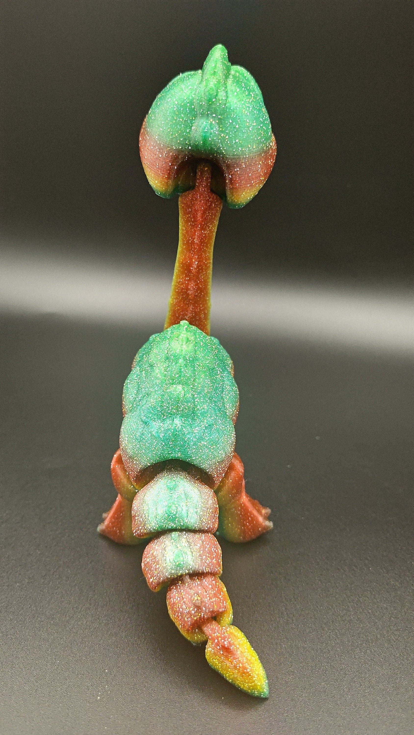 Rainbow Sparkle Brachiosaurus. Cute Flexi Articulating Dinosaur. 3D printed unique dino. Great fidget toy, buddy, desk art / toy. 9 in.