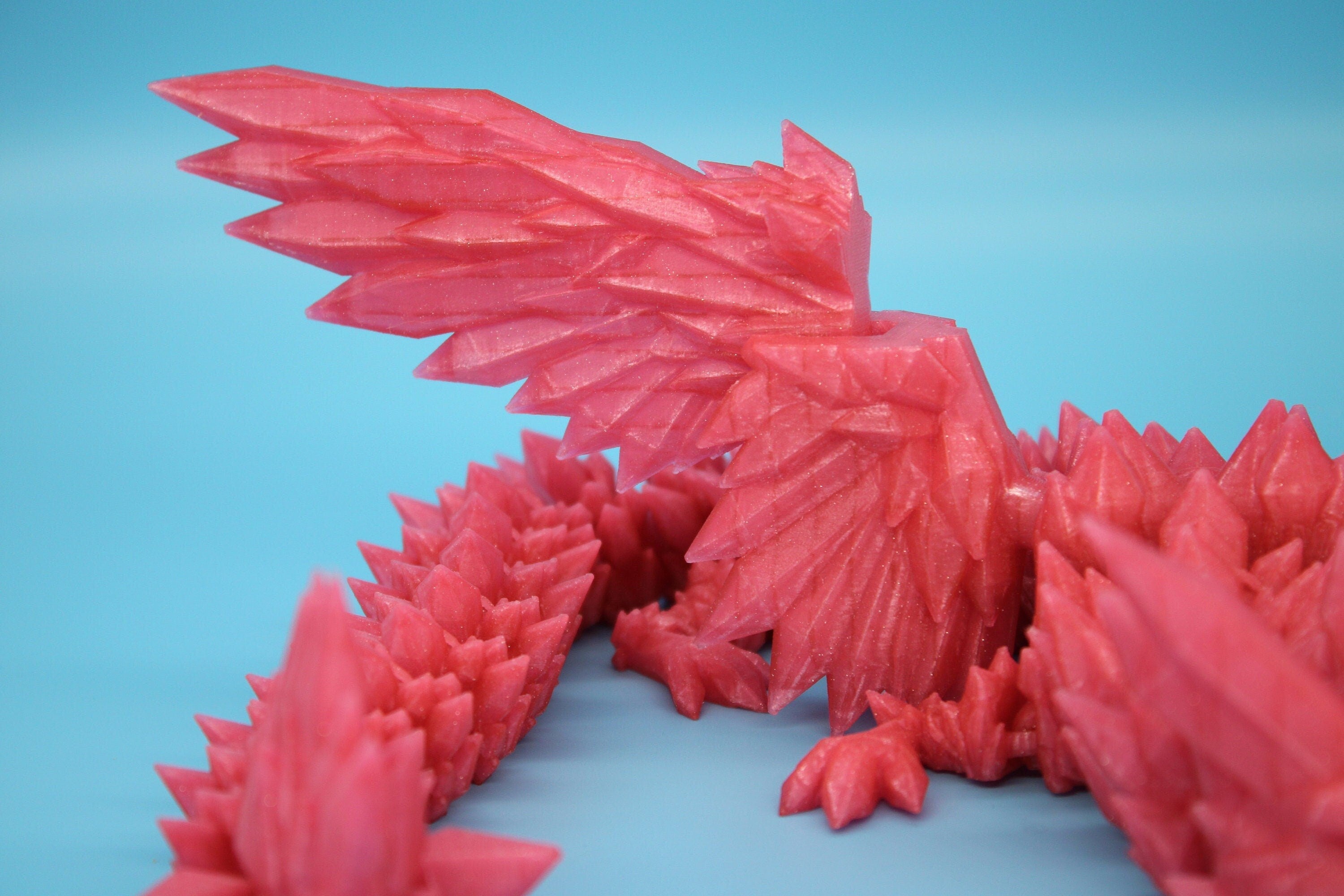 Pink Sparkle Crystal Winged Dragon. Crystal Wing Dragon 3D printed articulating dragon. flexi Toy, 18 in. Stress Relief, Gift.