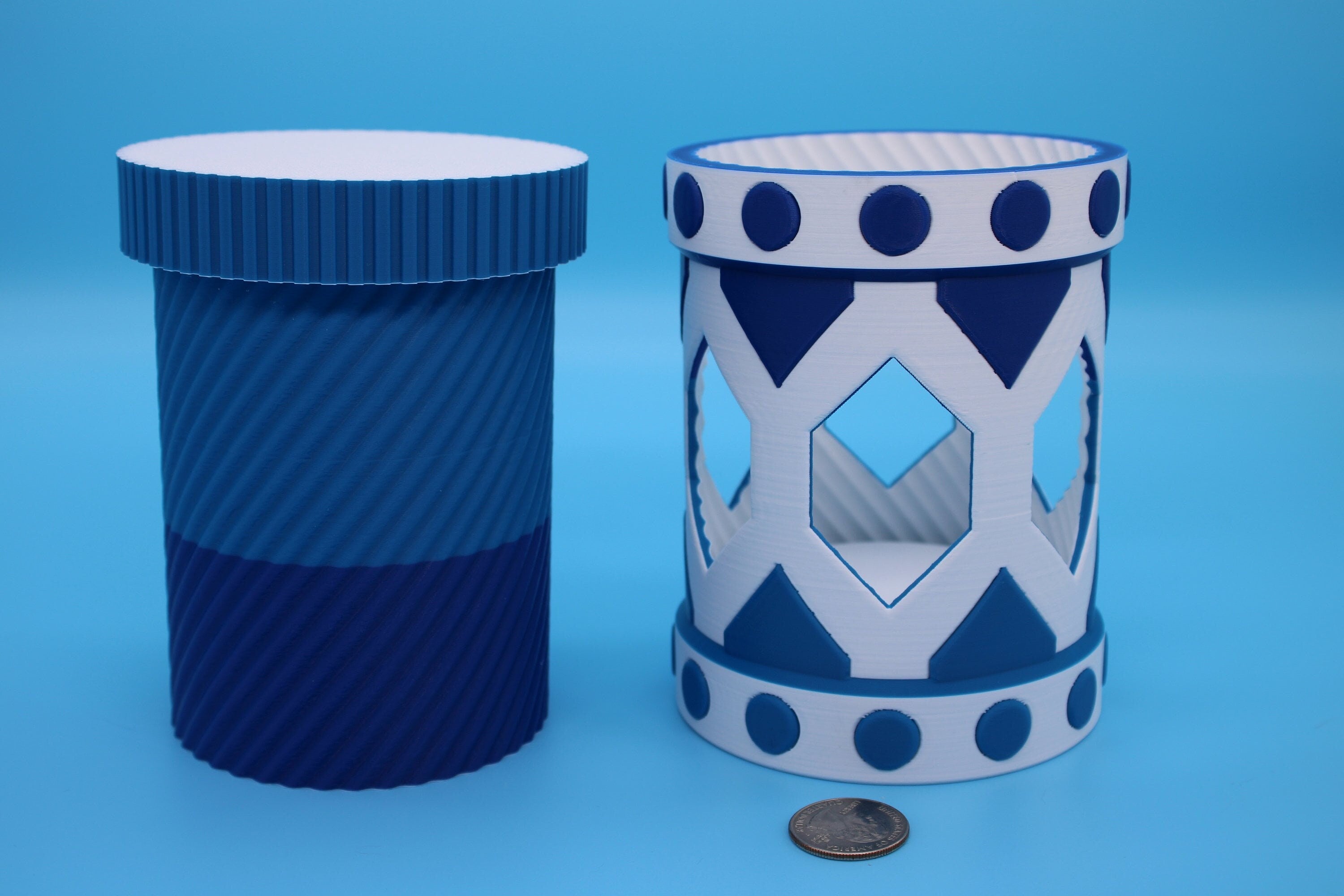Twist to lock storage container. Multi Blue and White. 3D Printed. Stash your favorite trinkets, cash, and more., Looks Amazing on display.
