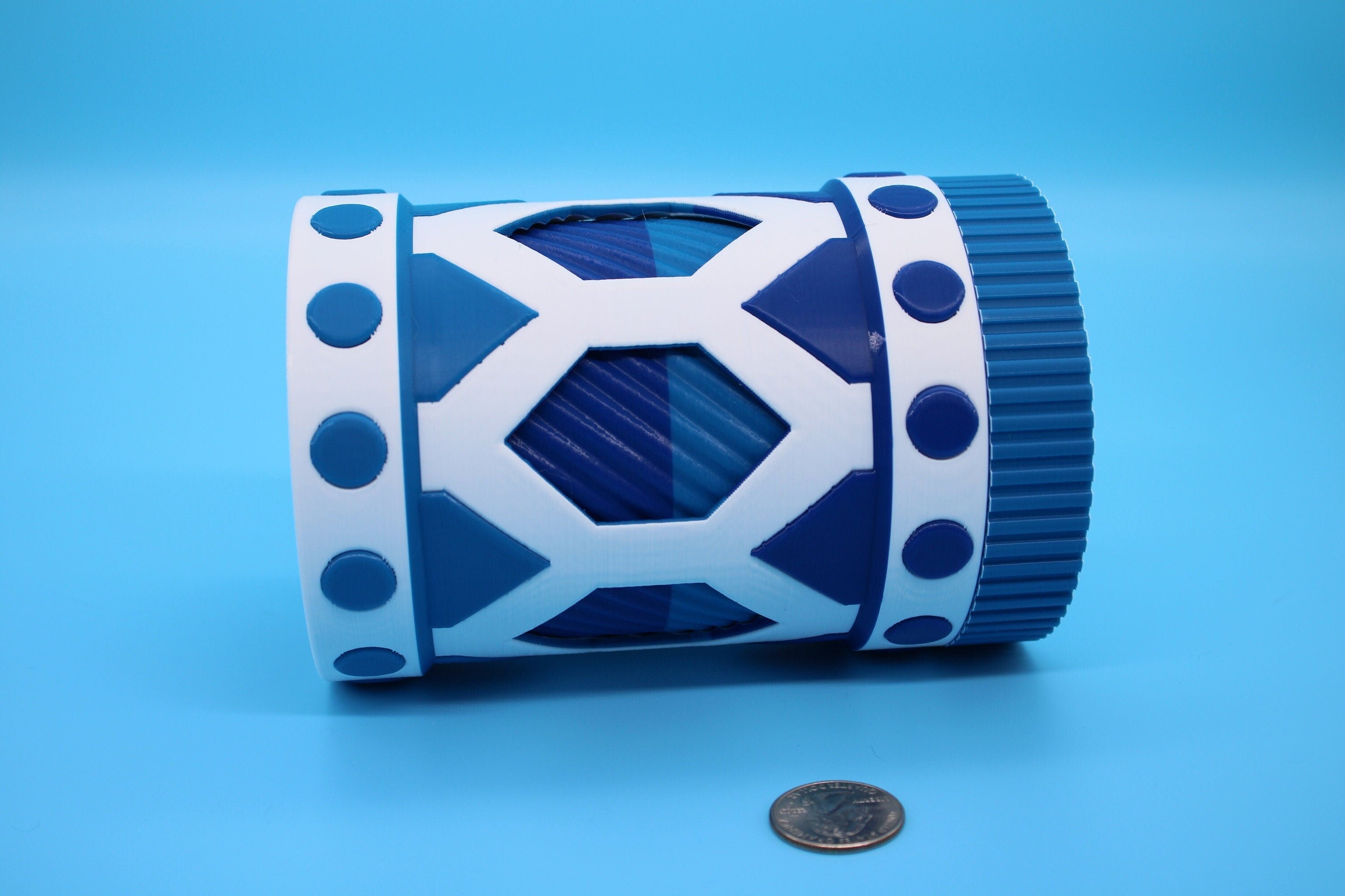 Twist to lock storage container. Multi Blue and White. 3D Printed. Stash your favorite trinkets, cash, and more., Looks Amazing on display.