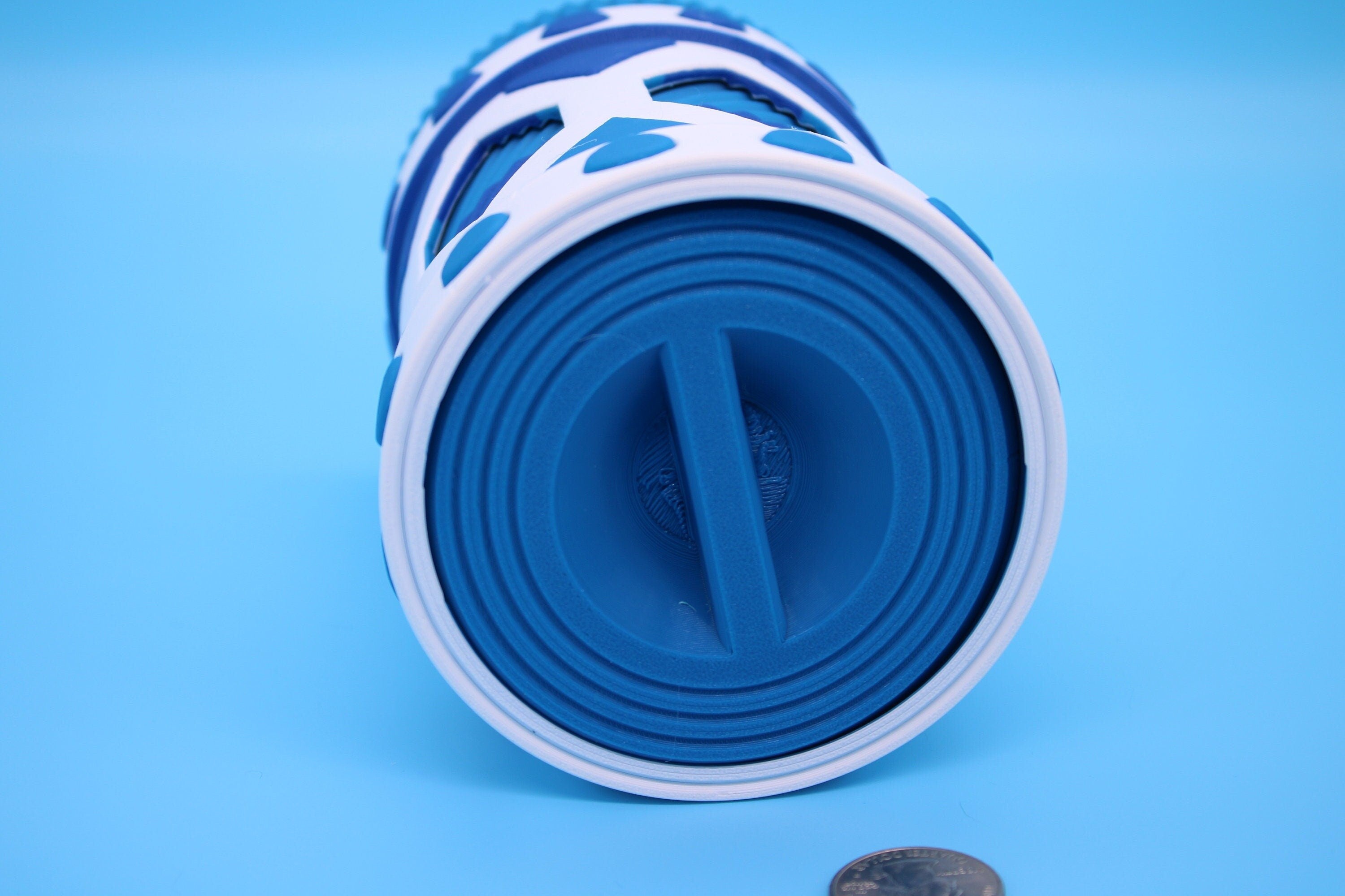 Twist to lock storage container. Multi Blue and White. 3D Printed. Stash your favorite trinkets, cash, and more., Looks Amazing on display.