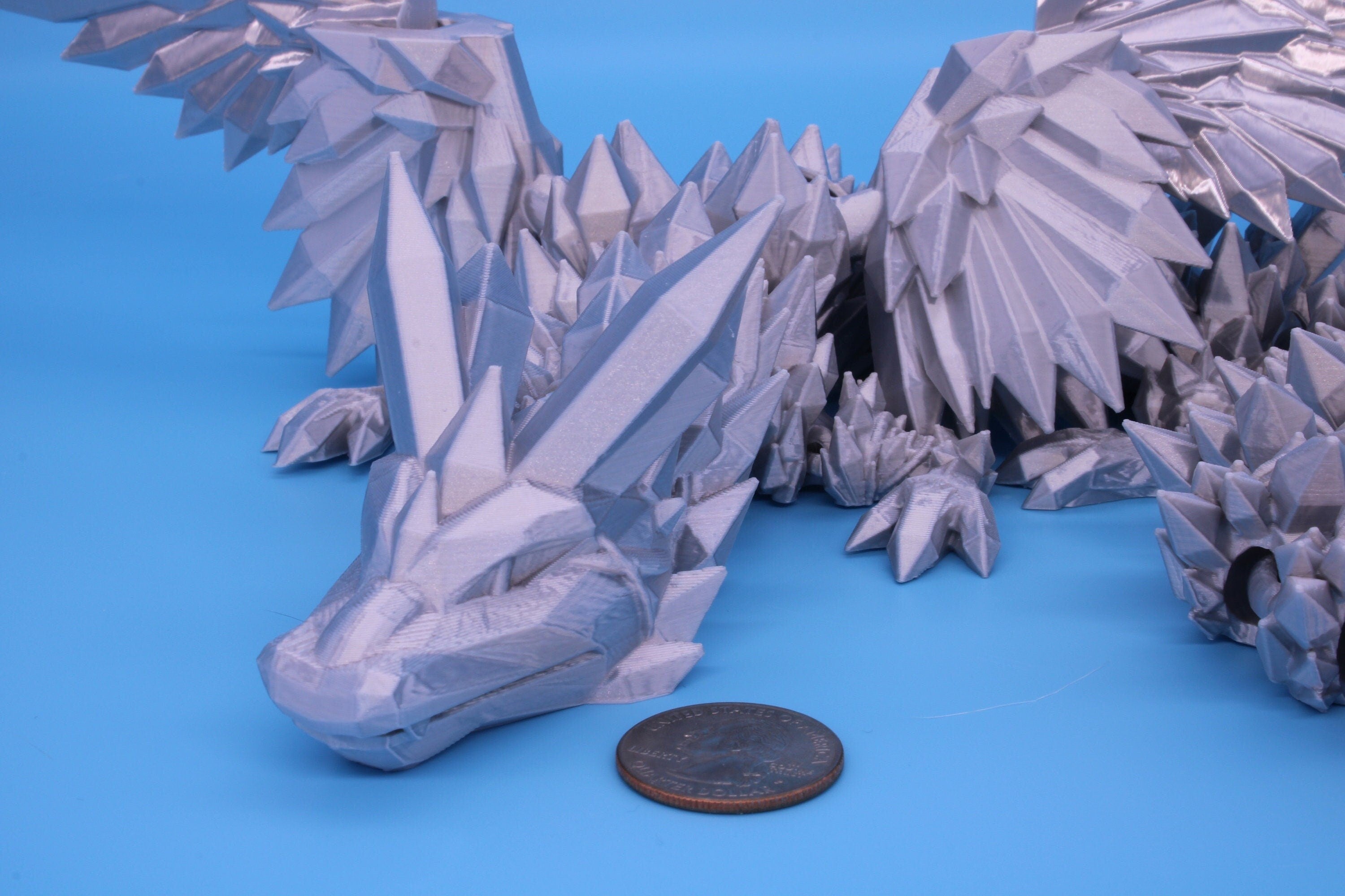 Silver color Crystal Winged Dragon | Crystal Winged Dragon 3D printed | Articulating Dragon Fidget | Flexi Toy 18 in. | Stress Relief, Gift.