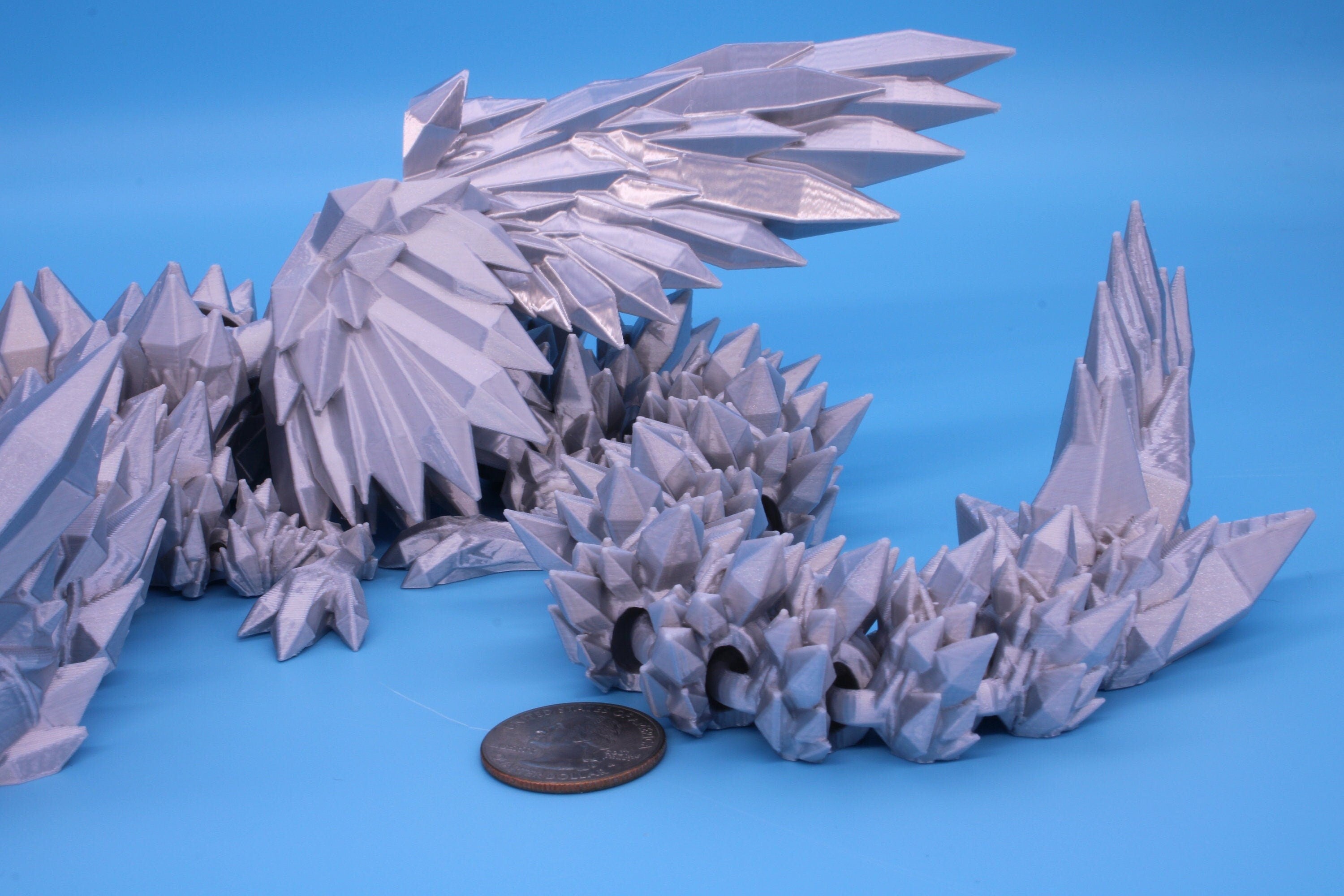 Silver color Crystal Winged Dragon | Crystal Winged Dragon 3D printed | Articulating Dragon Fidget | Flexi Toy 18 in. | Stress Relief, Gift.