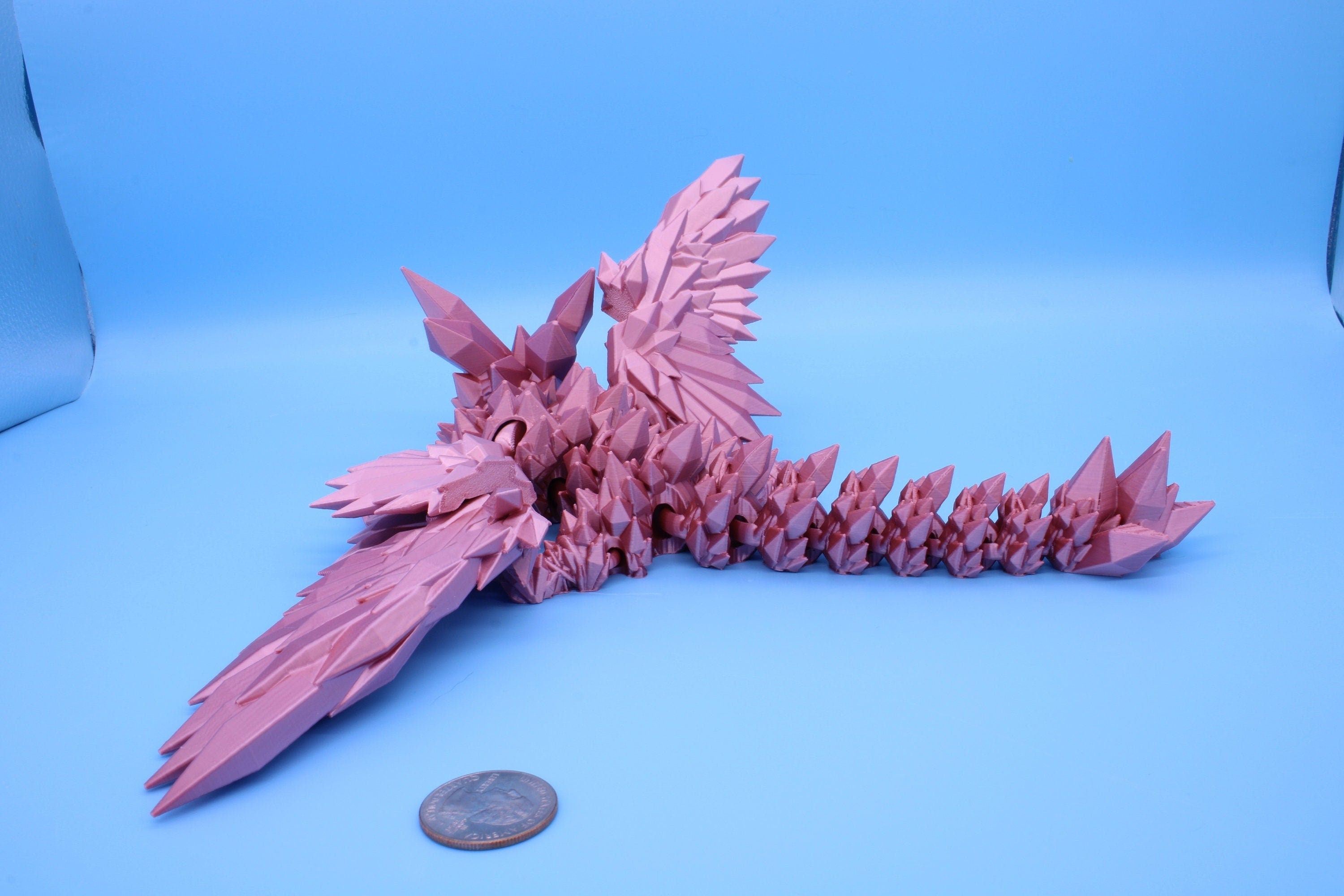 Rose Gold / Pink Baby Crystal Winged Dragon | 3D printed articulating | Fidget Toy | Flexi Toy | 11.5 in. | Stress Relief | Dragon Gift.