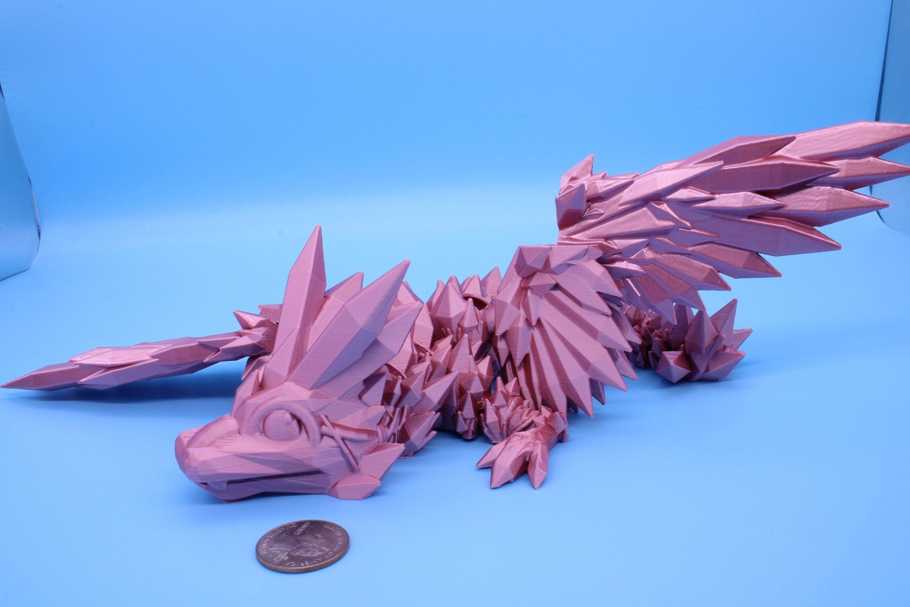 Rose Gold / Pink Baby Crystal Winged Dragon | 3D printed articulating | Fidget Toy | Flexi Toy | 11.5 in. | Stress Relief | Dragon Gift.
