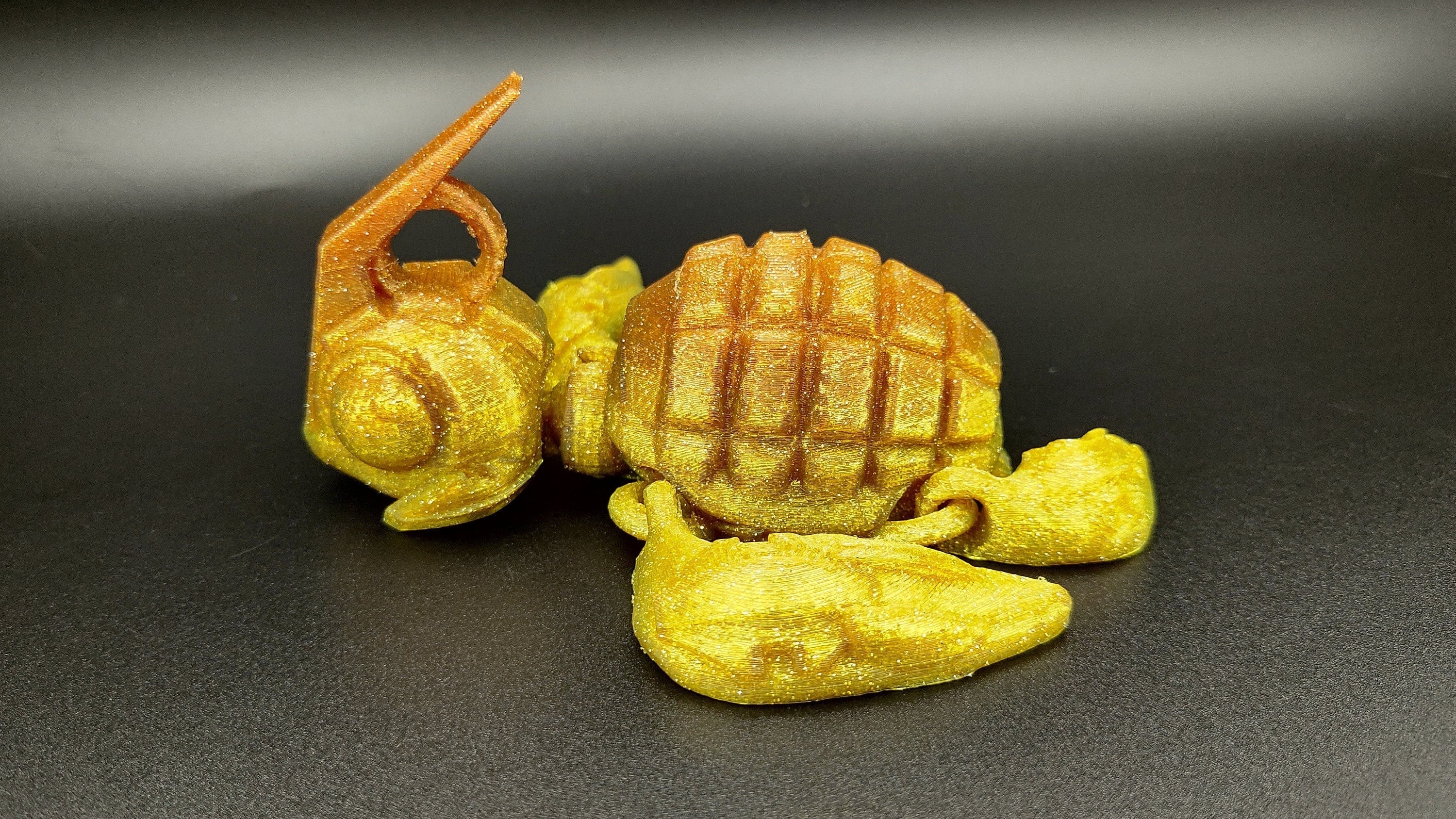 Yellow Gold mini orange color on top Grenade Turtle (Grenurtle) Detachable head. 3D printed