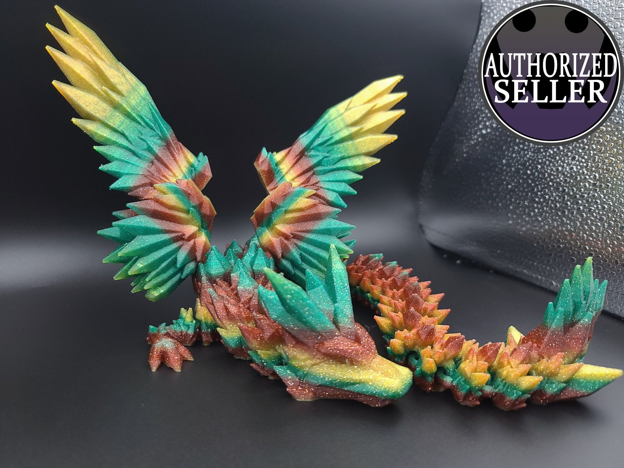 Rainbow Sparkle Crystal Winged Dragon. Crystal Wing Dragon 3D printed articulating dragon. flexi Toy, 18 in. Stress Relief, Gift.