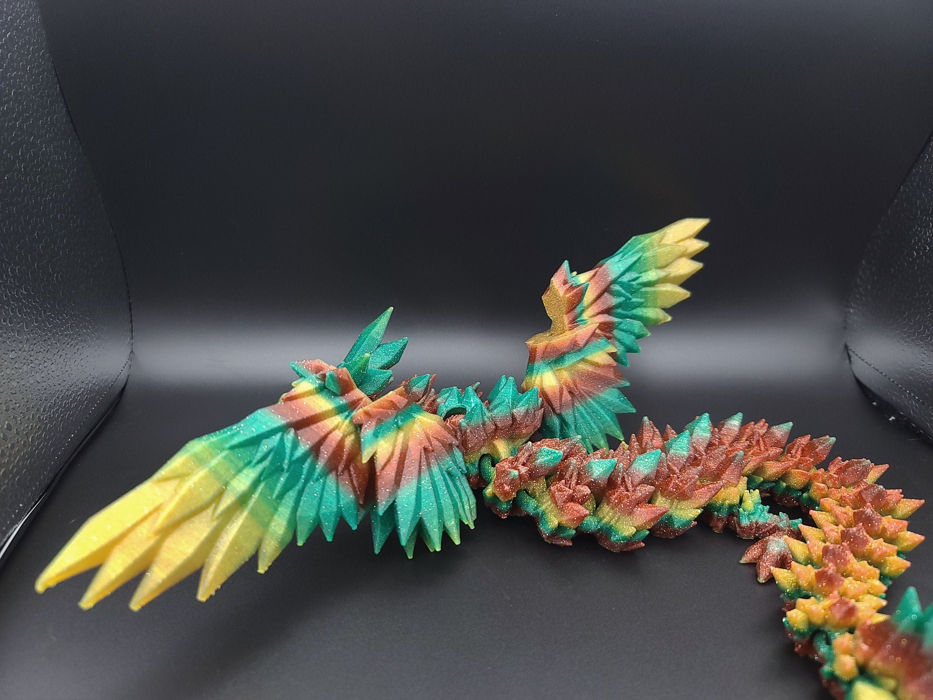 Rainbow Sparkle Crystal Winged Dragon. Crystal Wing Dragon 3D printed articulating dragon. flexi Toy, 18 in. Stress Relief, Gift.