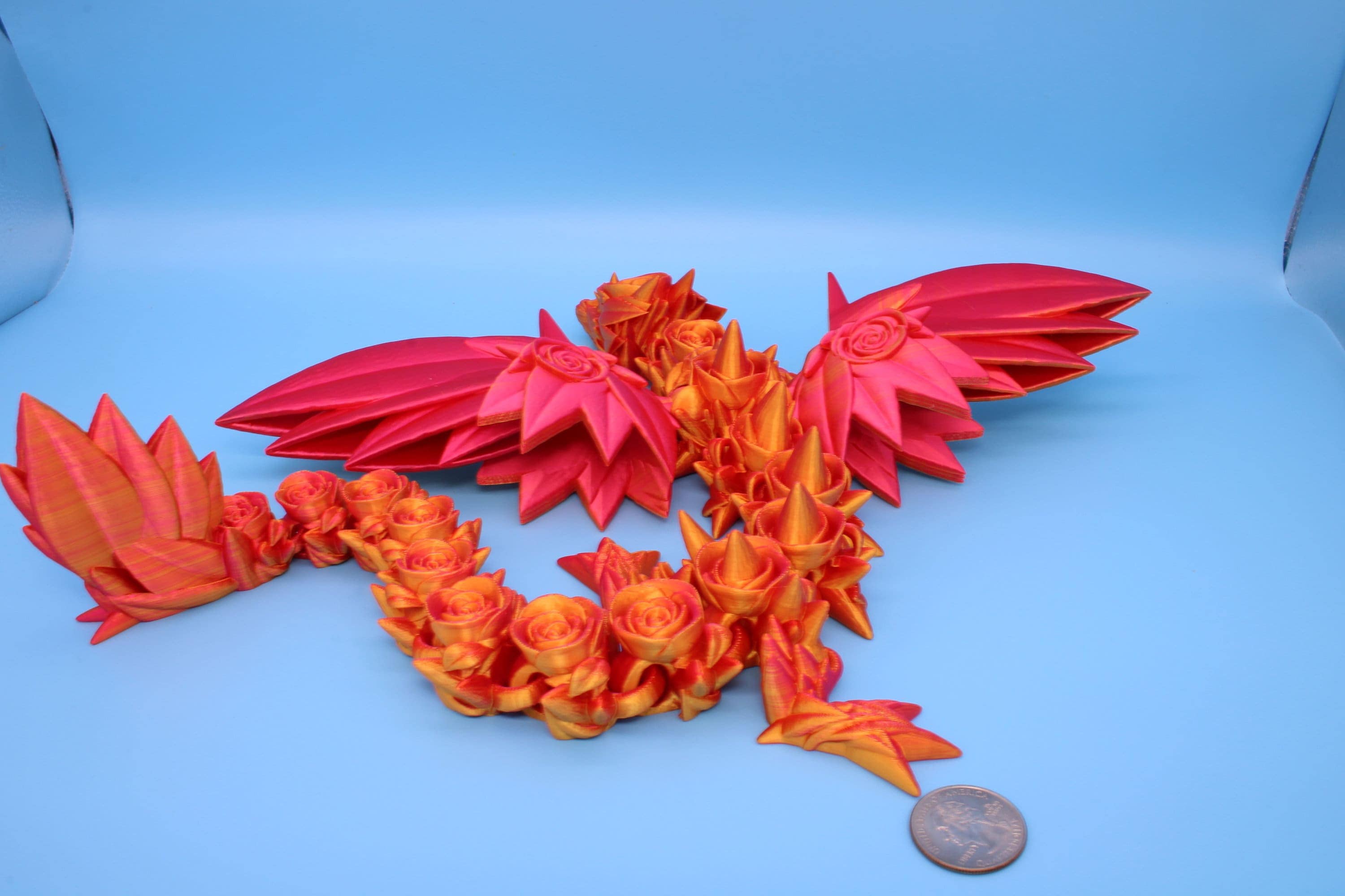 Pink & Gold Rose Wing Articulating Dragon | 3D Printed Fidget | Flexi Toy | Adult Fidget Toy | Sensory Desk Toy | 19 in. | Valentines Day