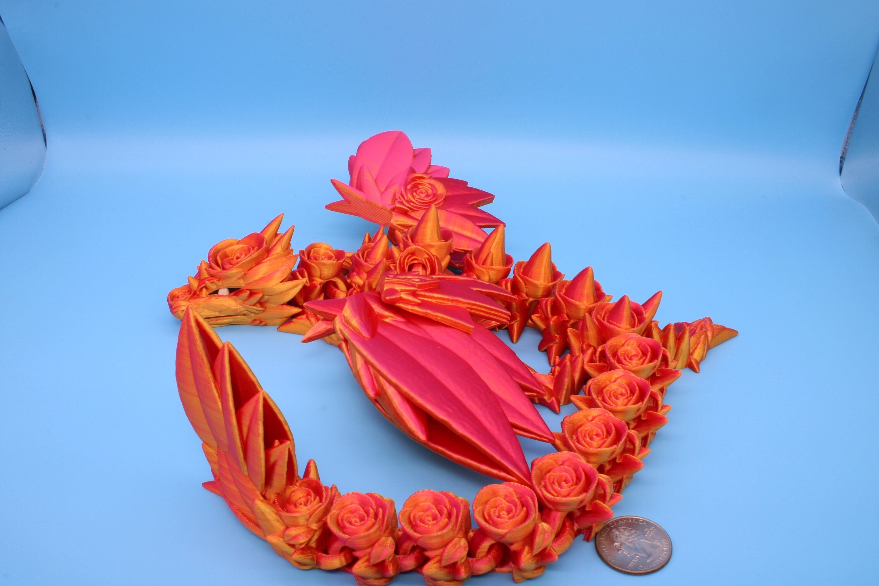 Pink & Gold Rose Wing Articulating Dragon | 3D Printed Fidget | Flexi Toy | Adult Fidget Toy | Sensory Desk Toy | 19 in. | Valentines Day