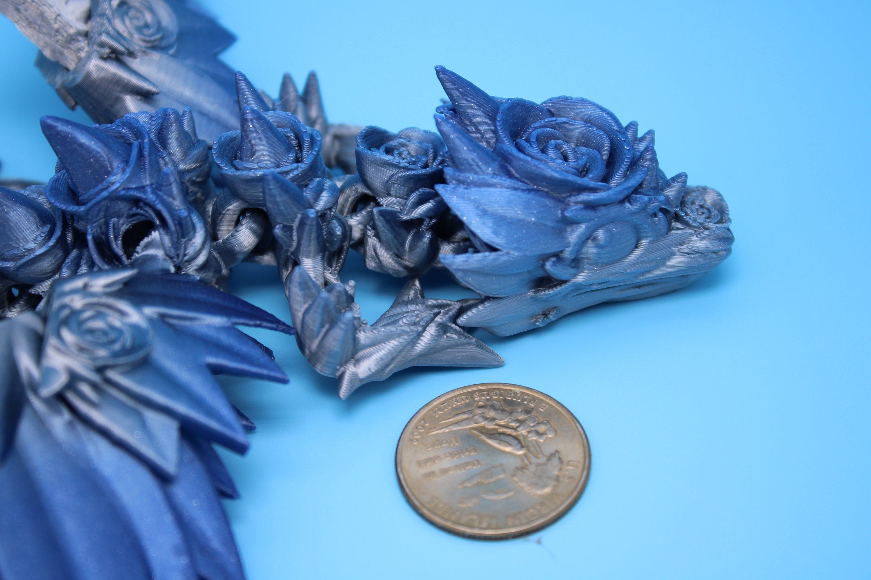 Miniature Baby Rose Wing Dragon | Blue / Silver | 3D printed articulating Toy Fidget | Flexi Toy 8.5 in. head to tail | Stress Relief Gift