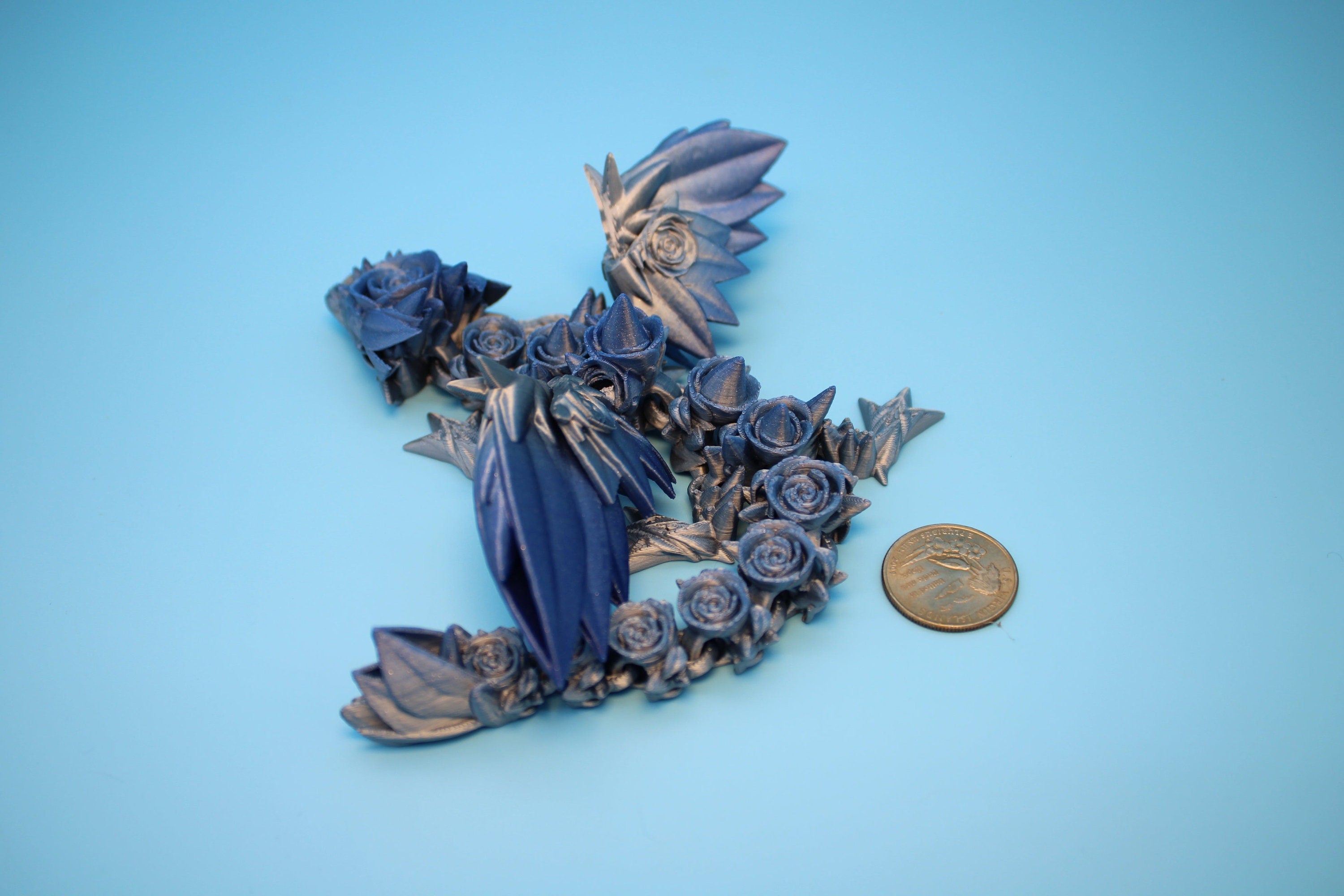 Miniature Baby Rose Wing Dragon | Blue / Silver | 3D printed articulating Toy Fidget | Flexi Toy 8.5 in. head to tail | Stress Relief Gift