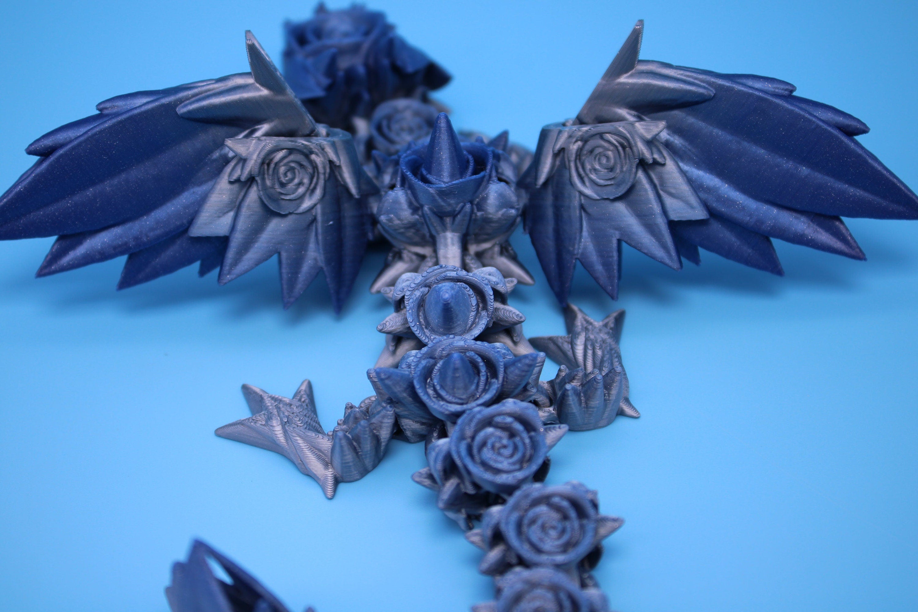 Miniature Baby Rose Wing Dragon | Blue / Silver | 3D printed articulating Toy Fidget | Flexi Toy 8.5 in. head to tail | Stress Relief Gift