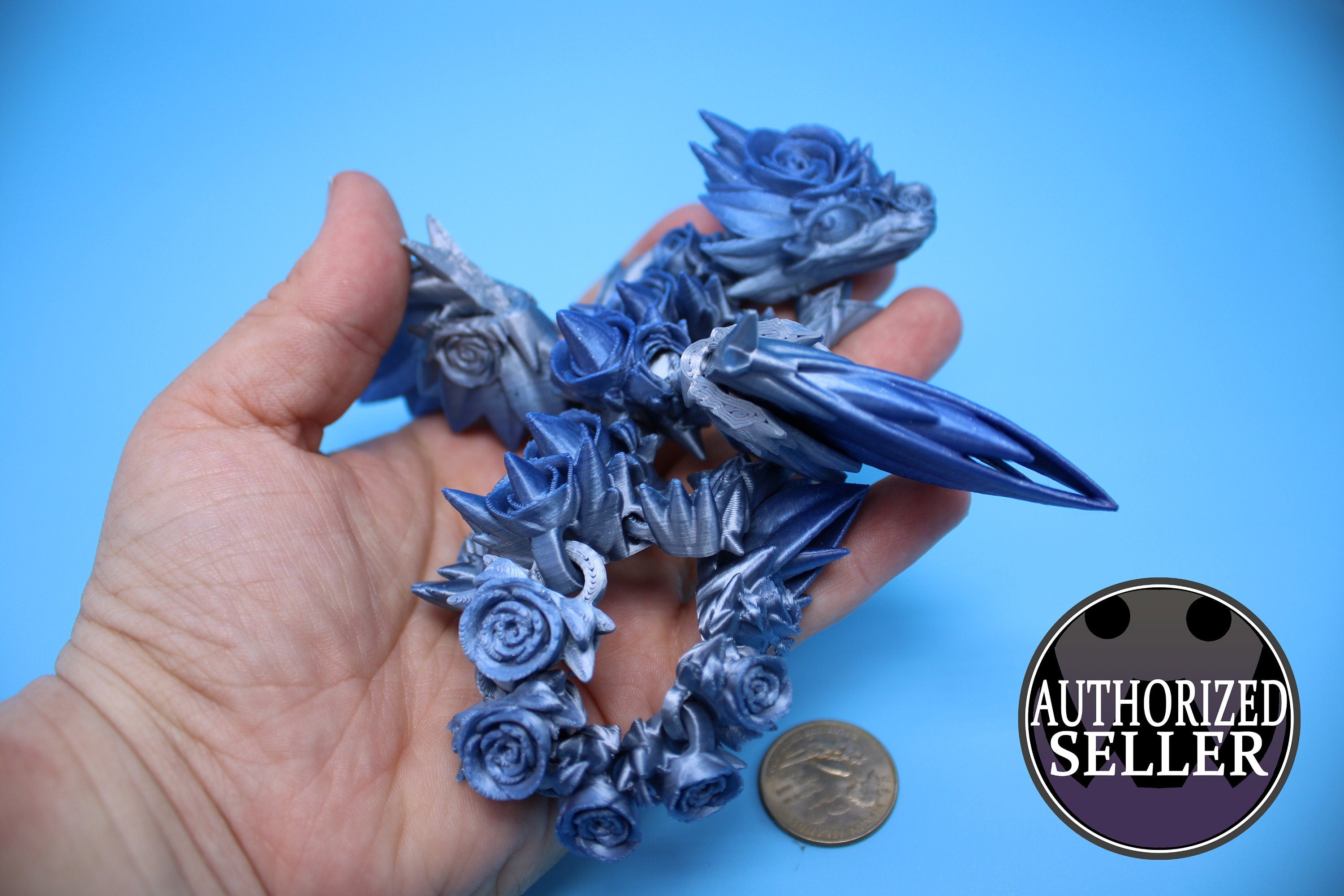 Miniature Baby Rose Wing Dragon | Blue / Silver | 3D printed articulating Toy Fidget | Flexi Toy 8.5 in. head to tail | Stress Relief Gift