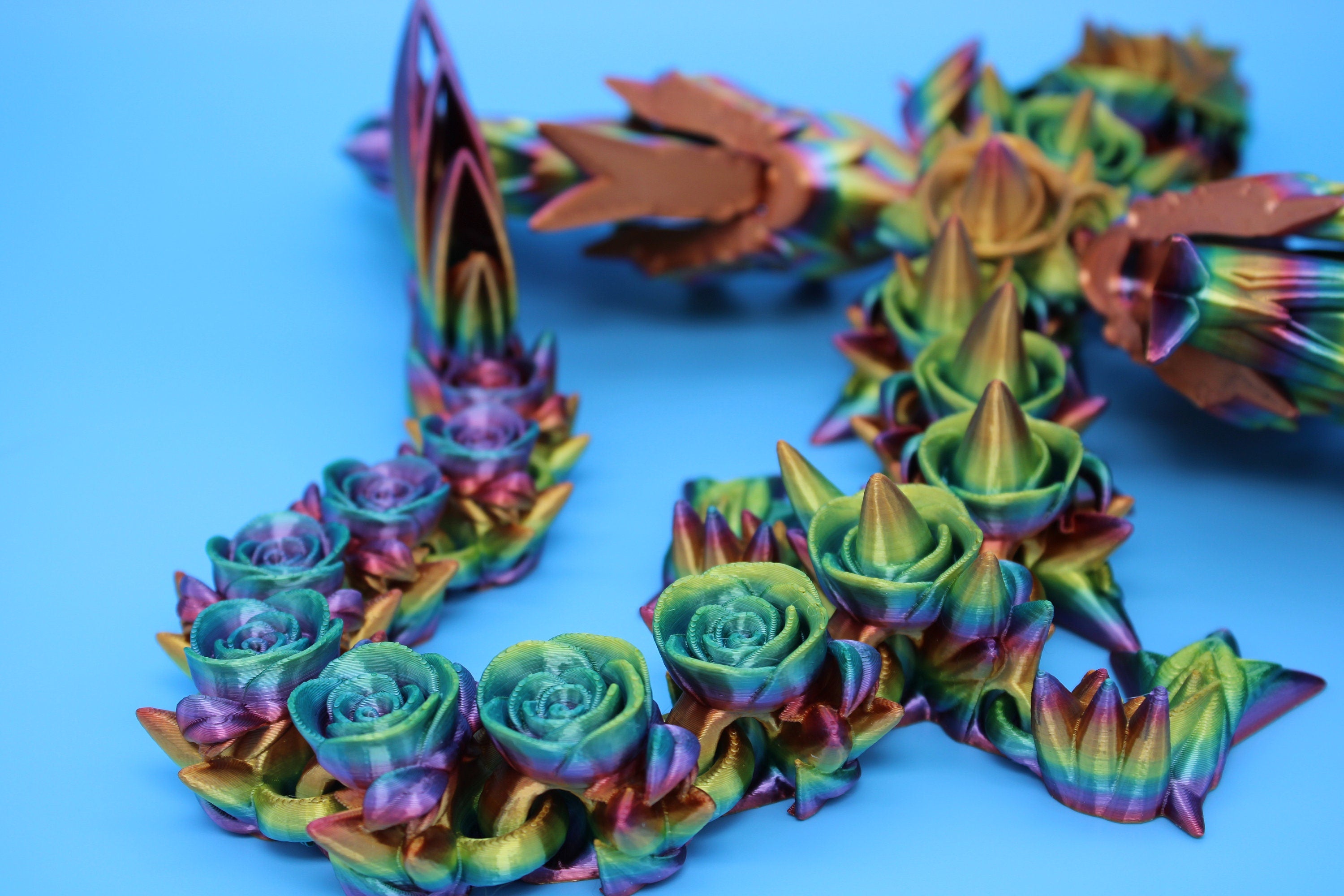 Rose Wing Dragon- Rainbow | Articulating Dragon | 3D Printed Fidget | 19 in.