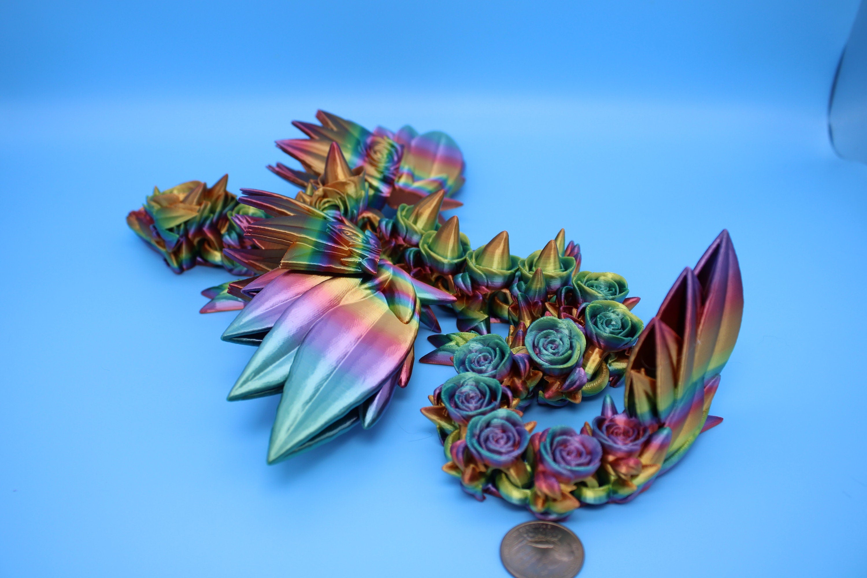 Rose Wing Dragon- Rainbow | Articulating Dragon | 3D Printed Fidget | 19 in.