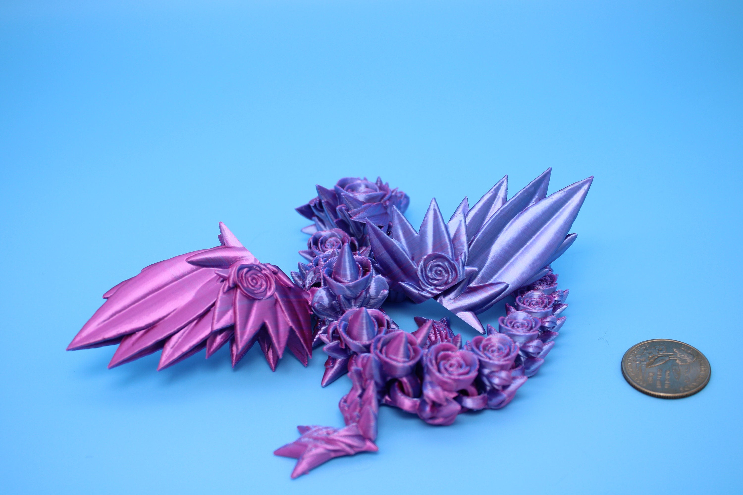 Baby Rose Wing Dragon | Blue / Pink | 3D Printed | Fidget | Flexi Toy 8.5 in. | Stress Relief Gift