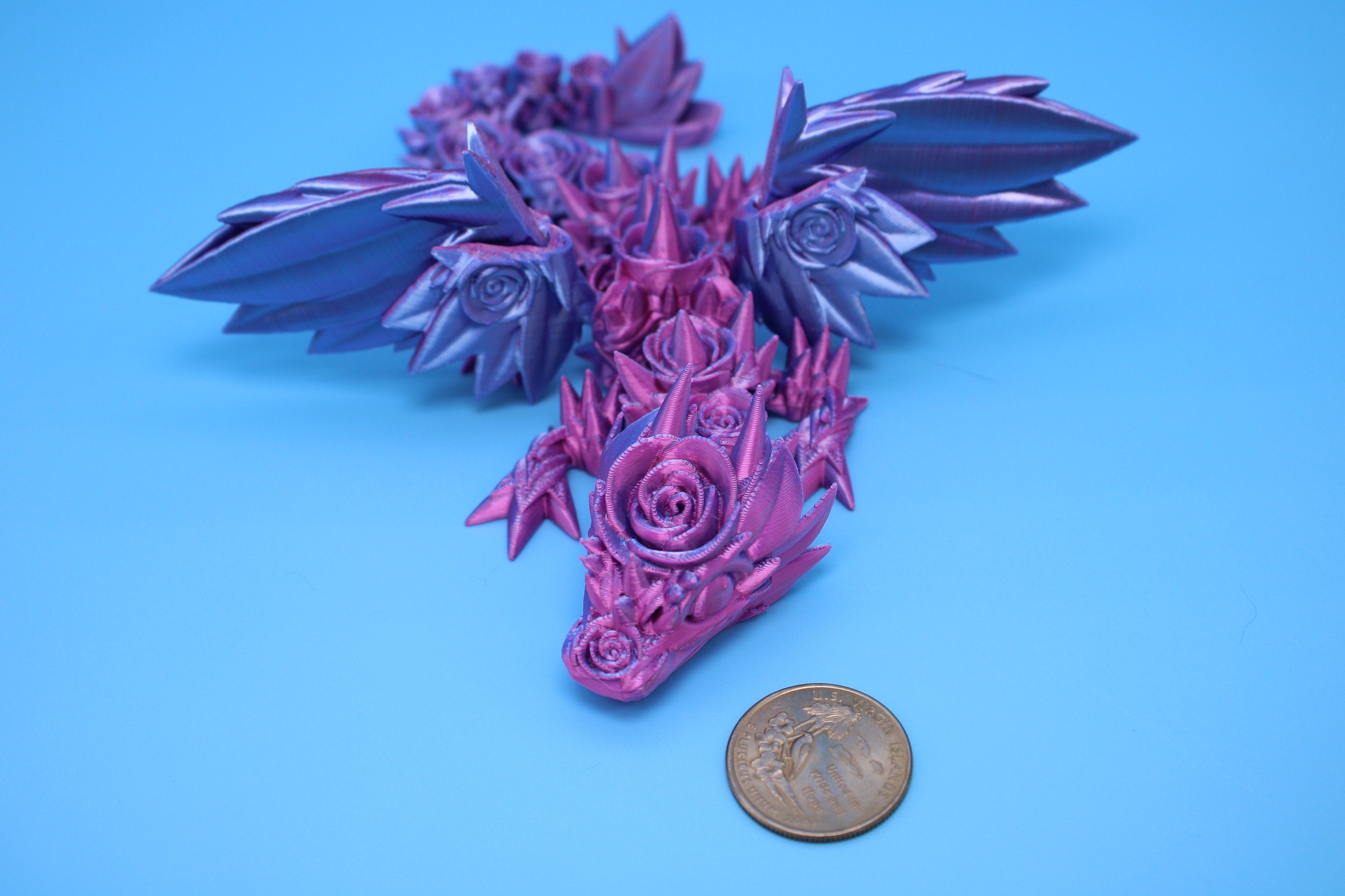 Baby Rose Wing Dragon | Blue / Pink | 3D Printed | Fidget | Flexi Toy 8.5 in. | Stress Relief Gift