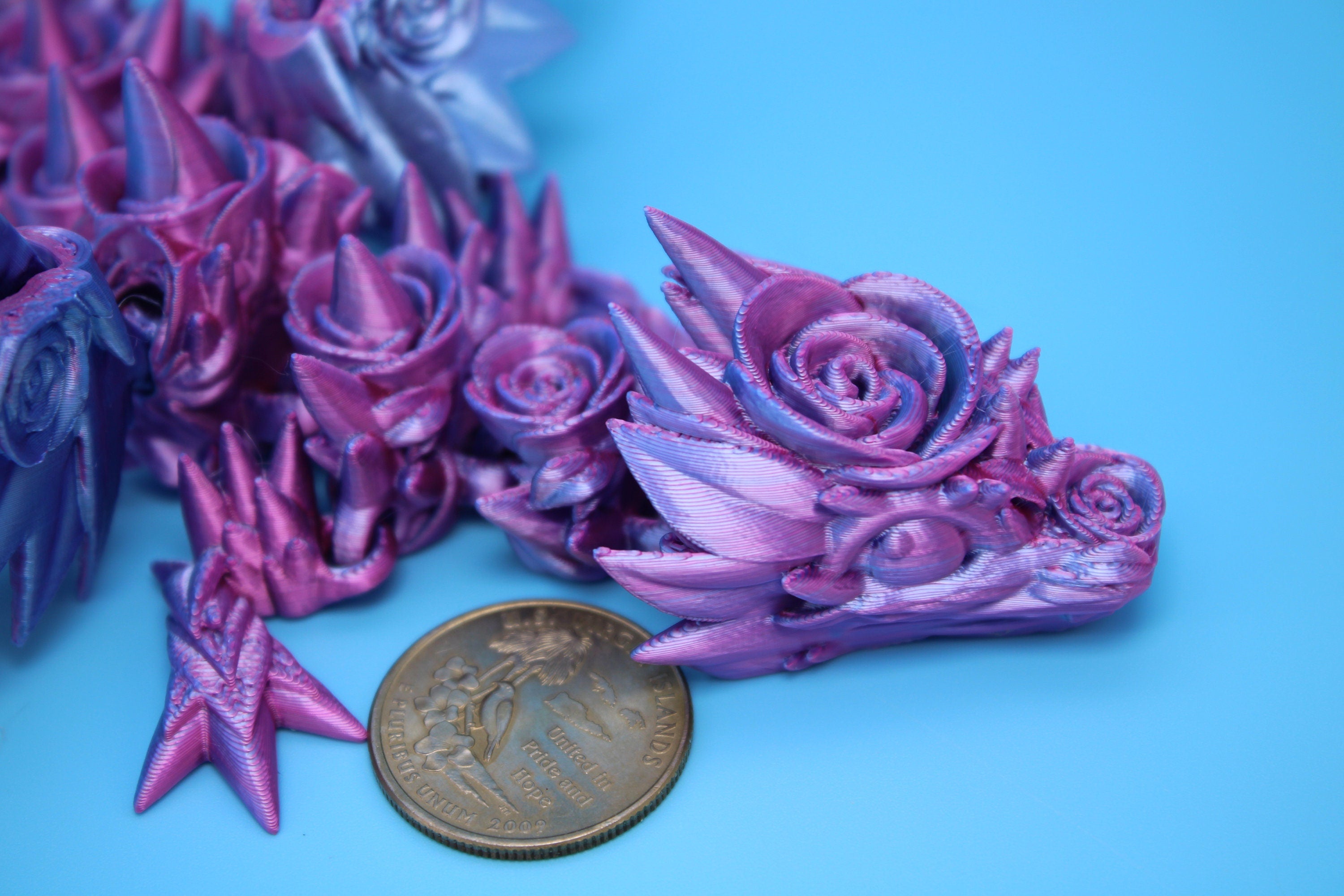 Baby Rose Wing Dragon | Blue / Pink | 3D Printed | Fidget | Flexi Toy 8.5 in. | Stress Relief Gift