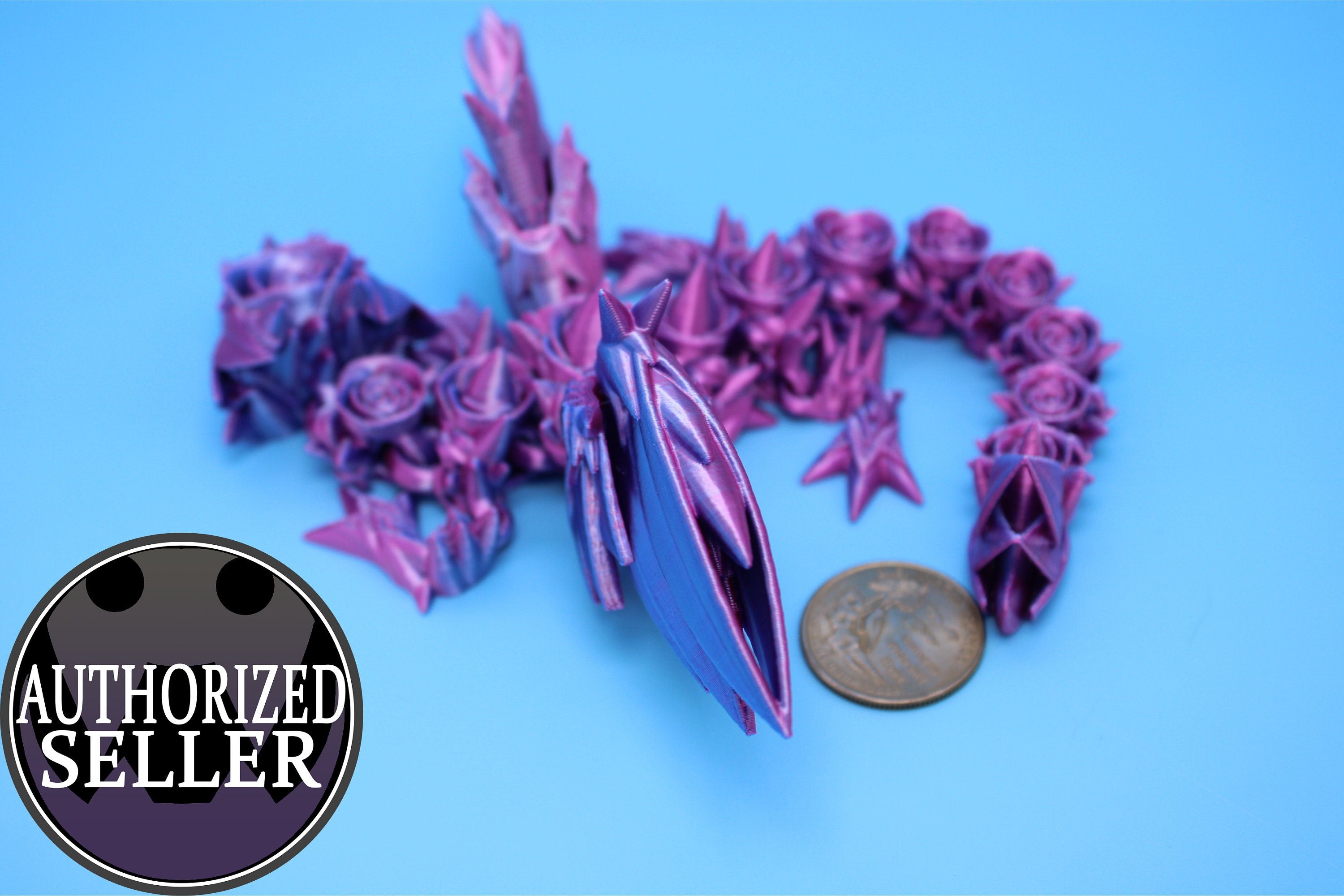 Baby Rose Wing Dragon | Blue / Pink | 3D Printed | Fidget | Flexi Toy 8.5 in. | Stress Relief Gift