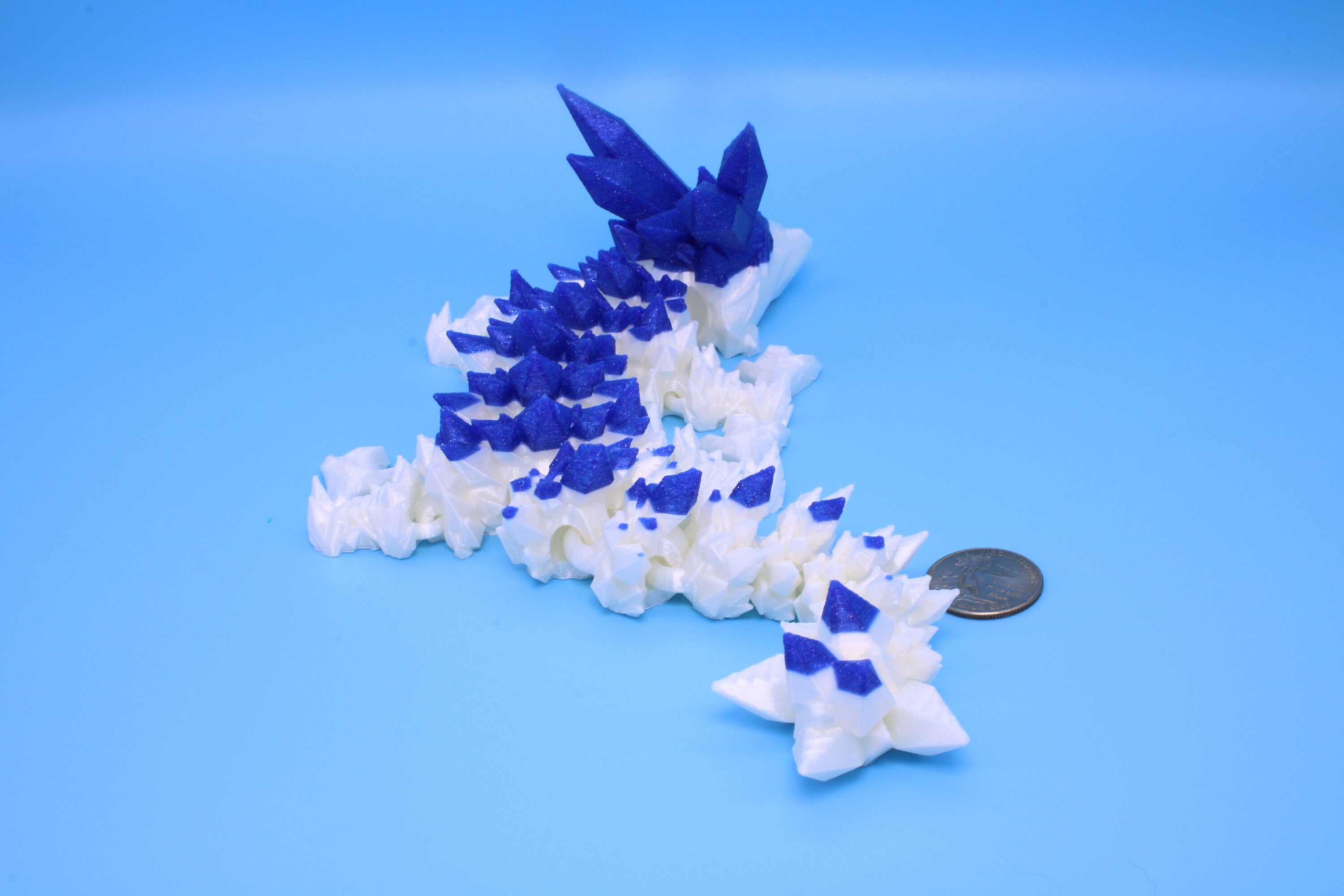 Baby Crystal Dragon- Blue & White | 3D Printed Dragon | Flexi Toy | Adult Fidget Toy | 11.5 inch.