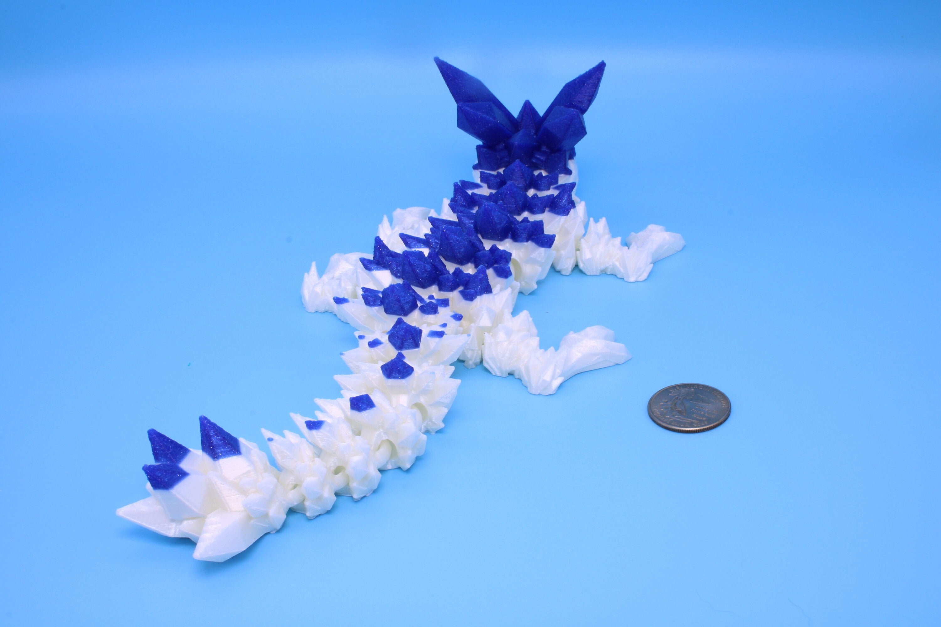 Baby Crystal Dragon- Blue & White | 3D Printed Dragon | Flexi Toy | Adult Fidget Toy | 11.5 inch.