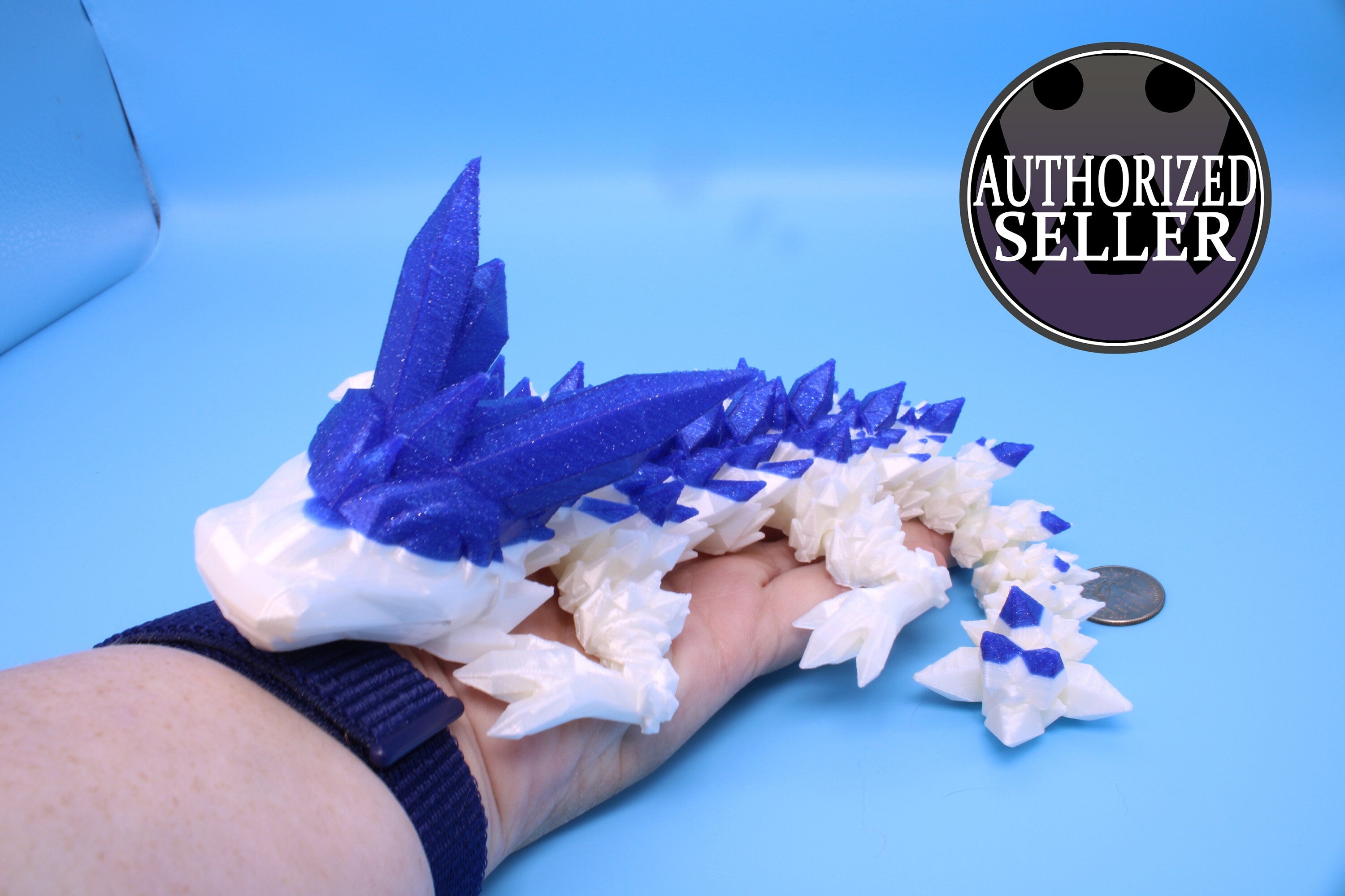 Baby Crystal Dragon- Blue & White | 3D Printed Dragon | Flexi Toy | Adult Fidget Toy | 11.5 inch.