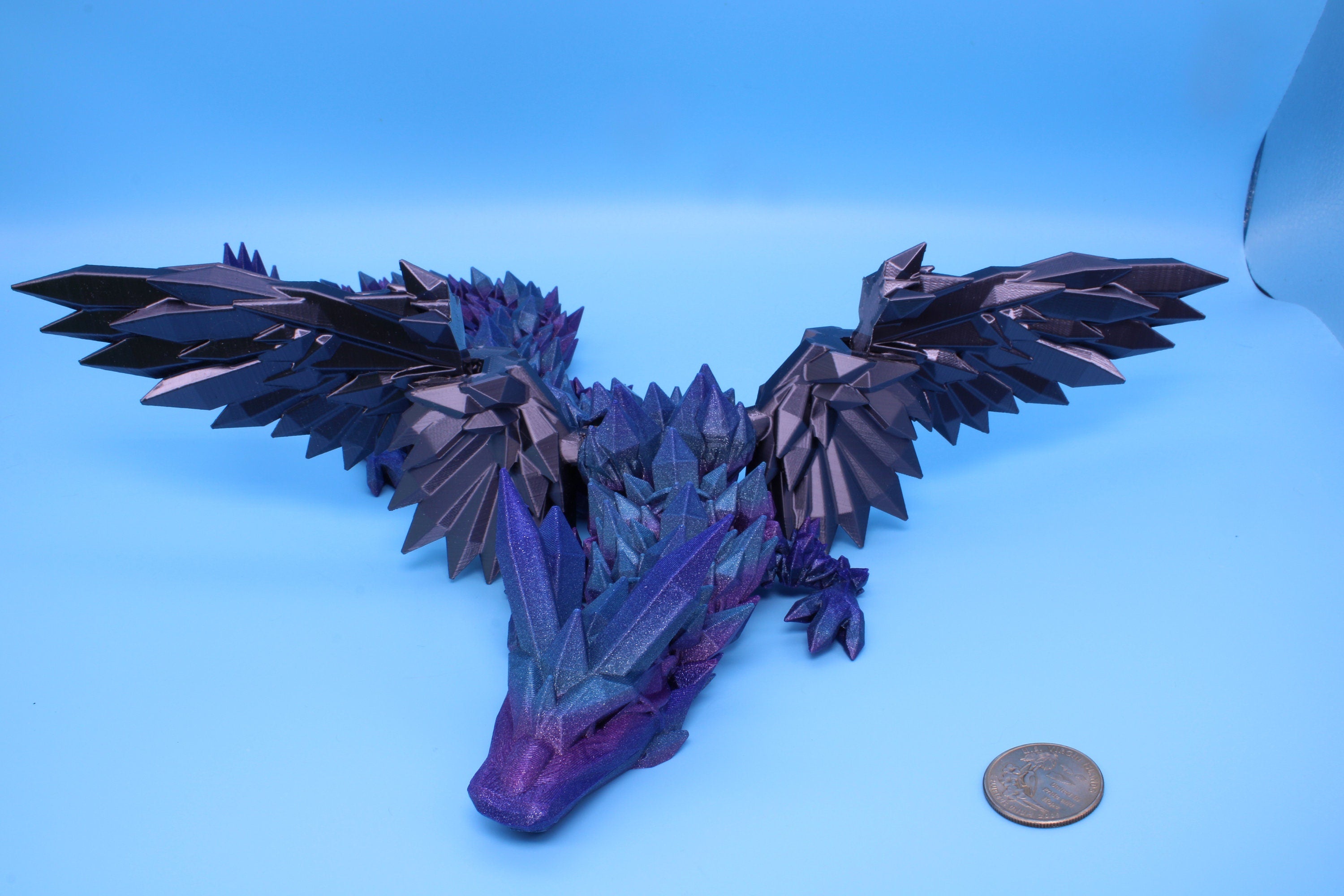 Crystal Wing Dragon- Blue / Purple Rainbow with Black Wings | 3D printed | 18 in. | Articulating Dragon | Flexi Toy.