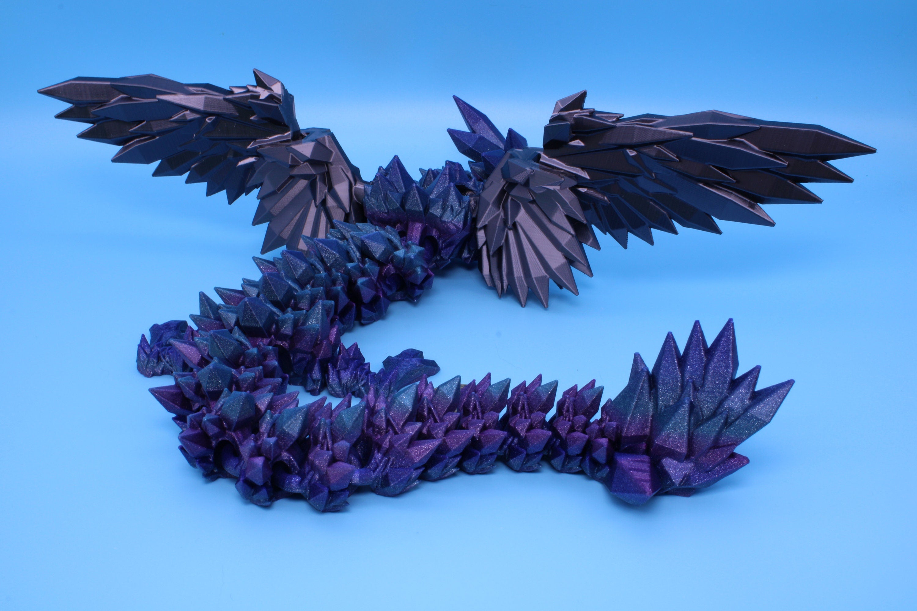 Crystal Wing Dragon- Blue / Purple Rainbow with Black Wings | 3D printed | 18 in. | Articulating Dragon | Flexi Toy.